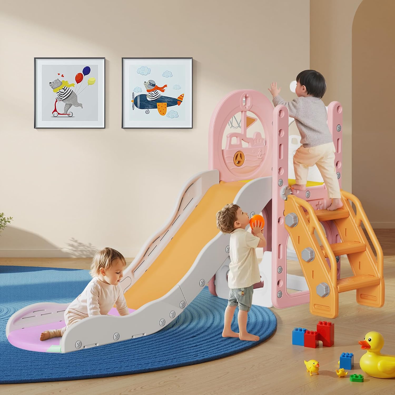 6 in 1 Toddler Slide, Baby Couch Slide for Indoor Outdoor Playground with Basketball Hoop, Storage and Telescope, Playset Climbing Toys for Toddler 1-3 Playground Playset, Pink