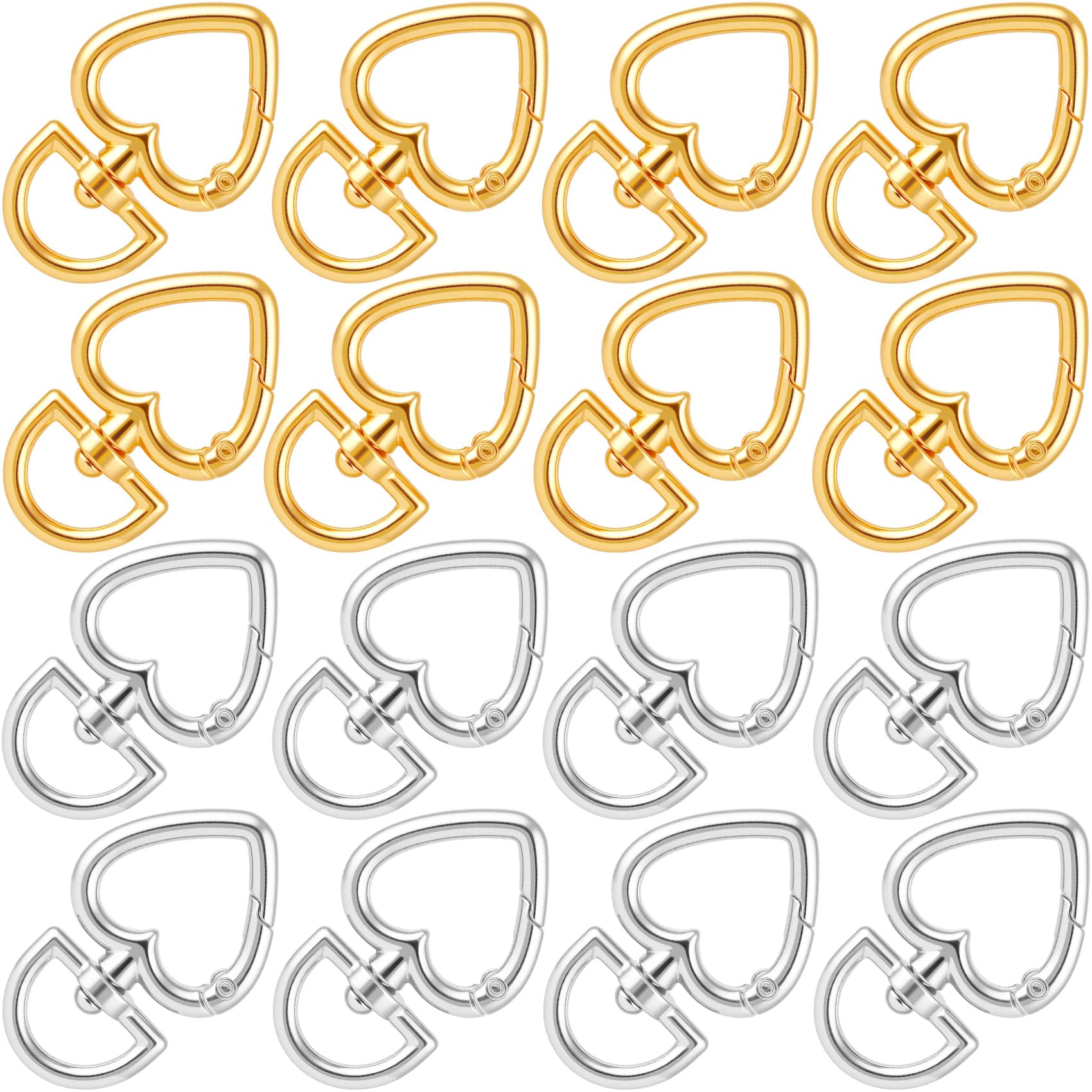 OIIKI 16PCS Heart Shape Keychain Clip, Gold/Silver Heart Spring Snap Hook, Cute Lobster Clasp DIY Hanging Buckle Accessories for Keys, Bags