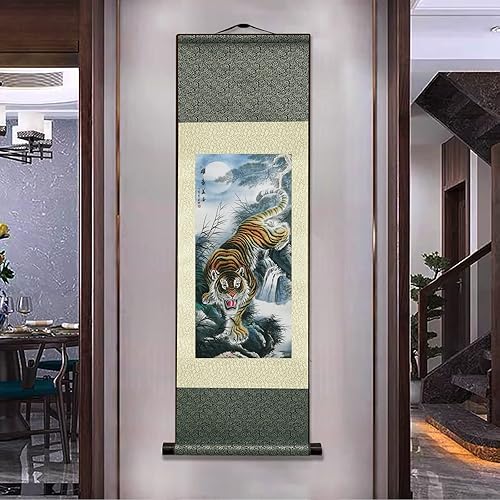 Miniatura 8 de AtfArt Decoración de pared asiática, hermoso pergamino de seda, diseño de animal  Rey Tigre disuasorio Tigre Poder  Tigre enojado decoración