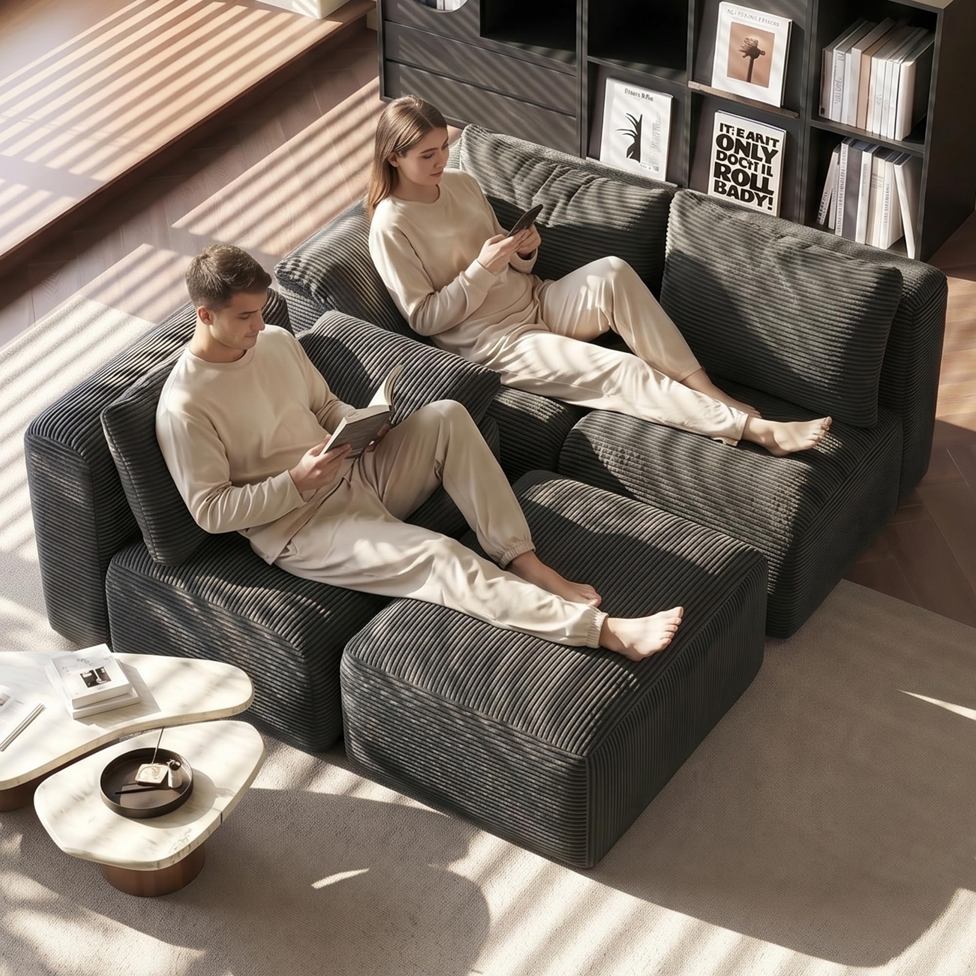 Sofá Seccional Modular con Cojines, Sofá de esquina Convertible | Sofá Deshuesado Comprimido con asiento profundo. Espuma de memoria de forma|Panaaa|264x161x71cm|Gris|No requiere ensamblaje