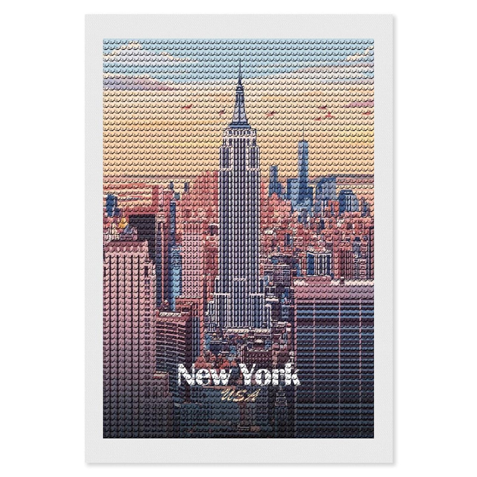 Junmoney New York City Skyline Illustration(2) DIY Diamond Art Canvas Kit 8"x12", Christmas Gift, for Family Craft Time, Leisure Activity, Home Wall Art
