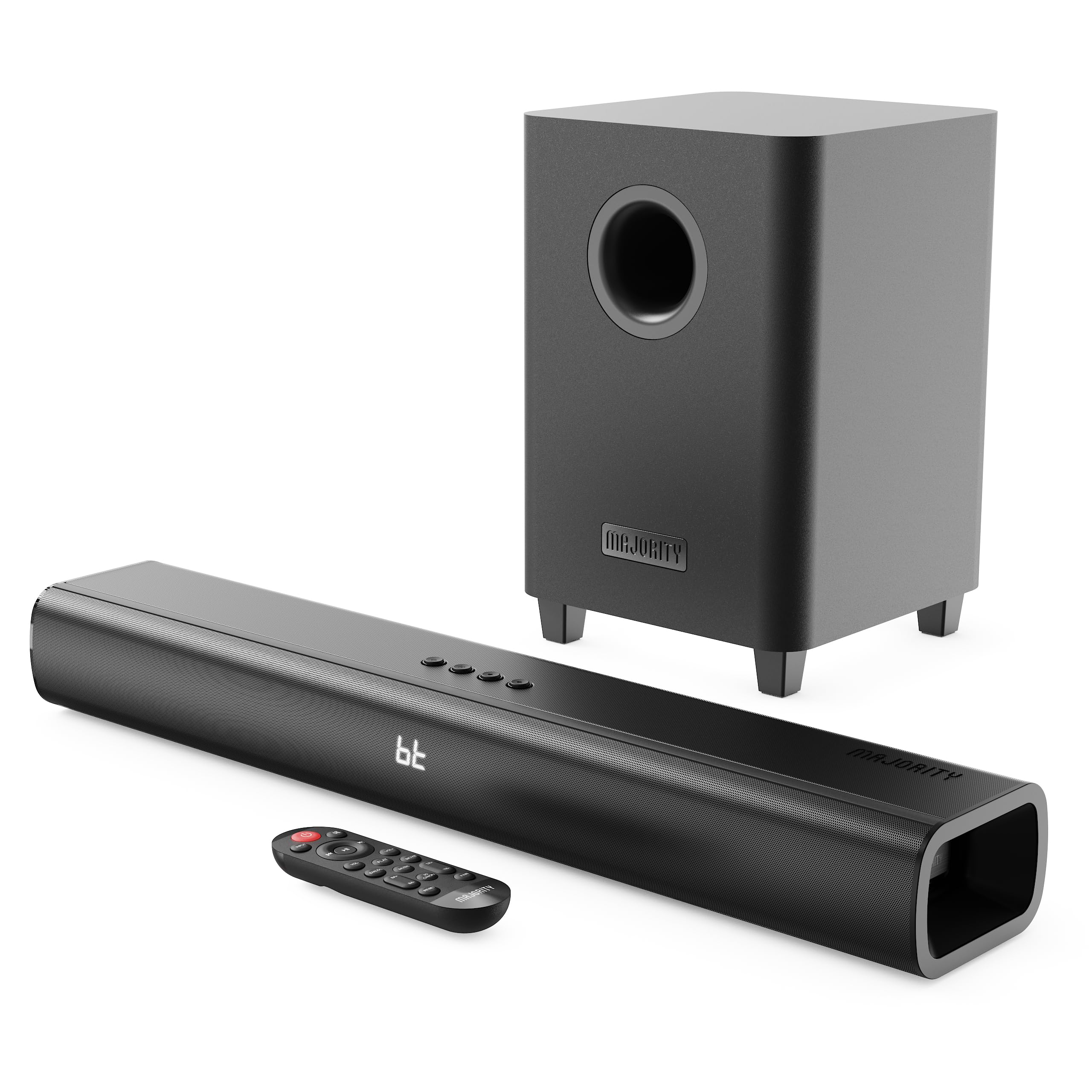 Majority Soundbar TV Naga 60 Plus | 300W Audio Potente con Subwoofer Wireless | Bluetooth 5.0, HDMI ARC, Ottico, USB | Montaggio a Parete & Telecomando Inclusi