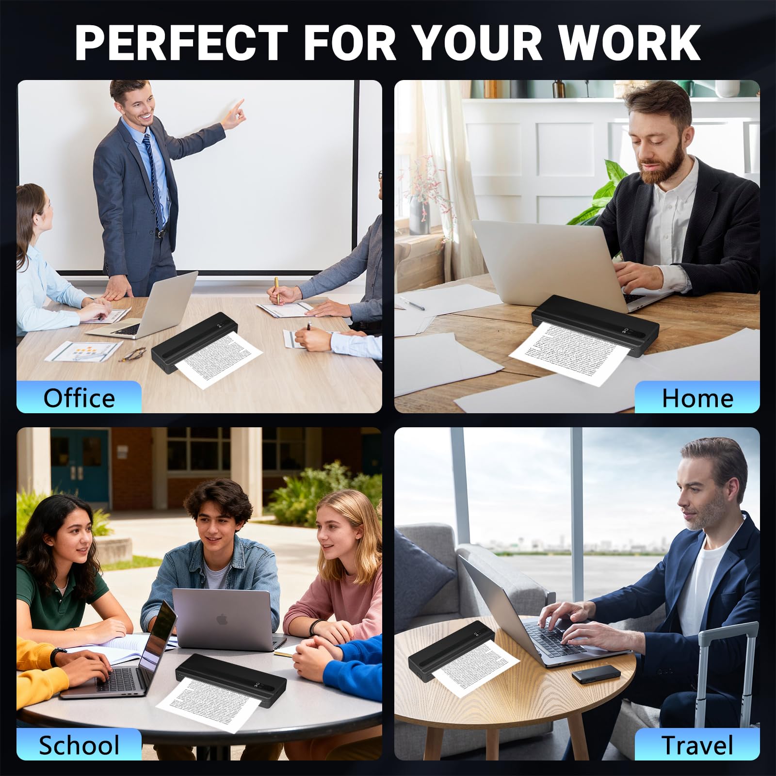 Stampante termica portatile A4 wireless, stampante Bluetooth senza inchiostro, compatibile con telefoni e laptop Android e iOS, piccole stampanti per casa, ricevute, viaggi, foto, con 1 rotolo