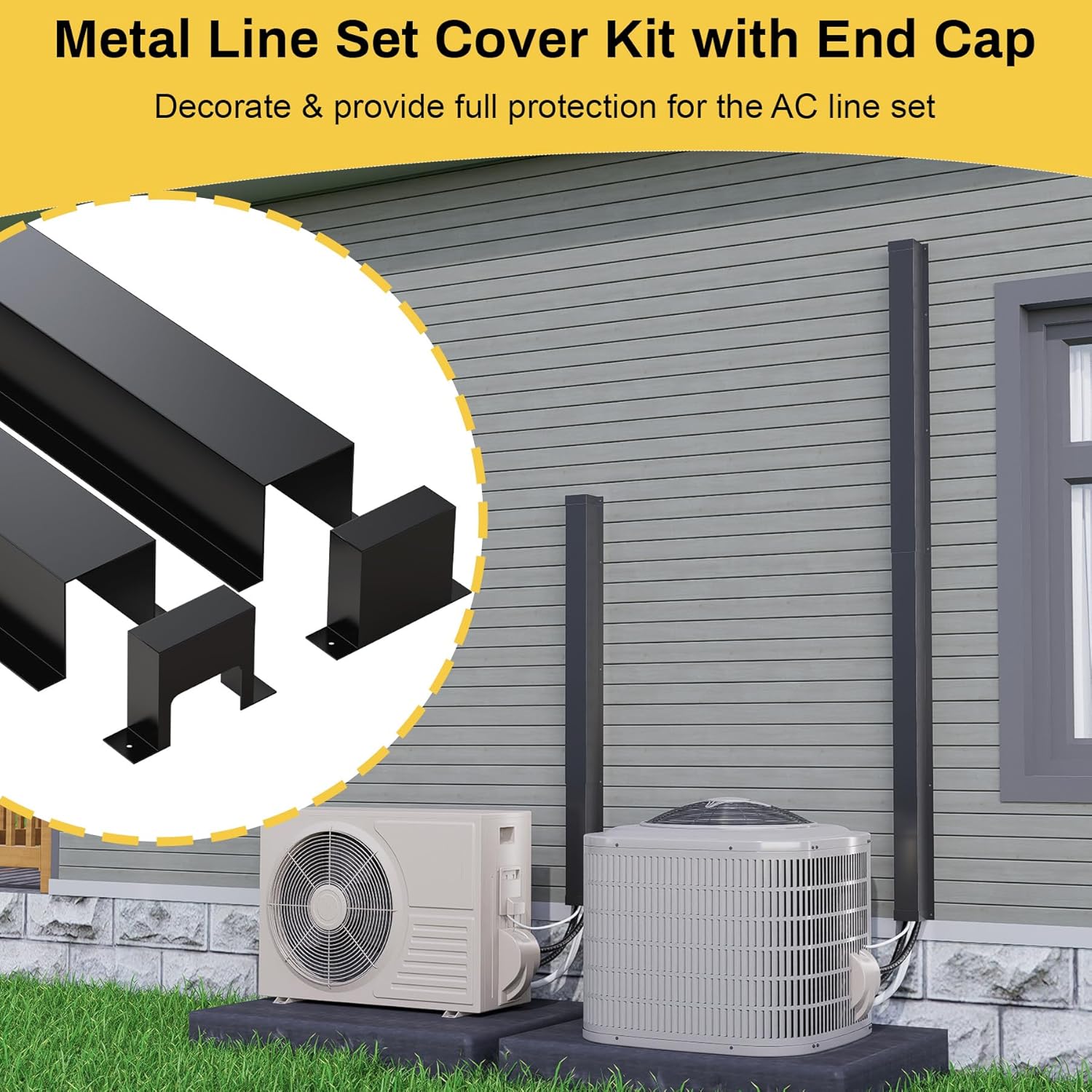 Metal Line Set Cover Kit with End Cap, 4" x 4" x 6.5 Ft Decorative AC Line Set Cover for Ductless Mini Split, Central Air Conditioner & Heat Pump System, Black