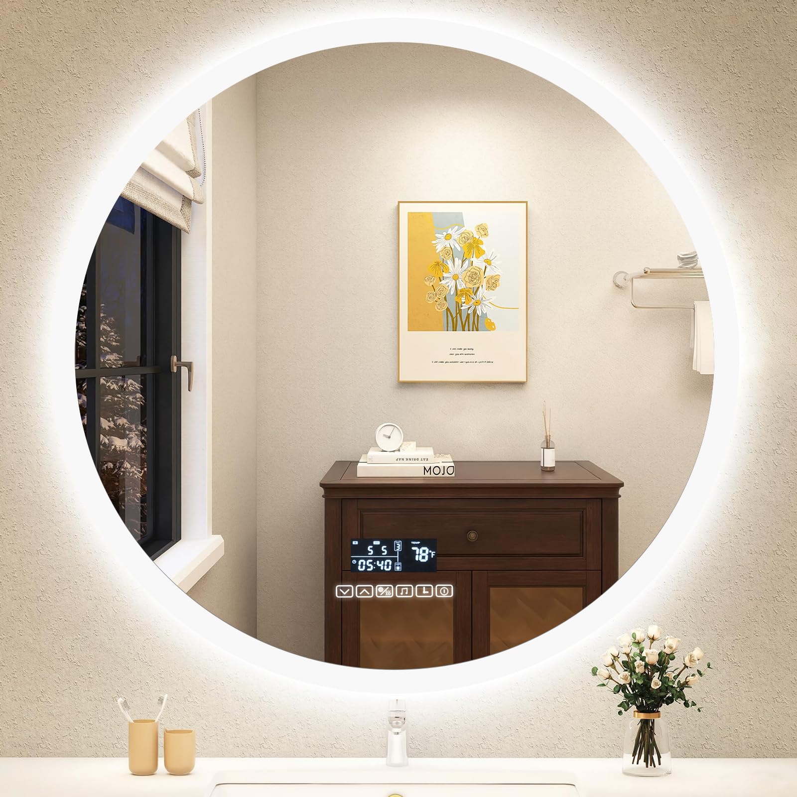 Genérico Espejo de Pared para baño LED Redondos 60x60CM con Interruptor táctil de iluminación y antivaho, Espejo de Pared con 3 Colores de luz Ajustables [Clase energética E]