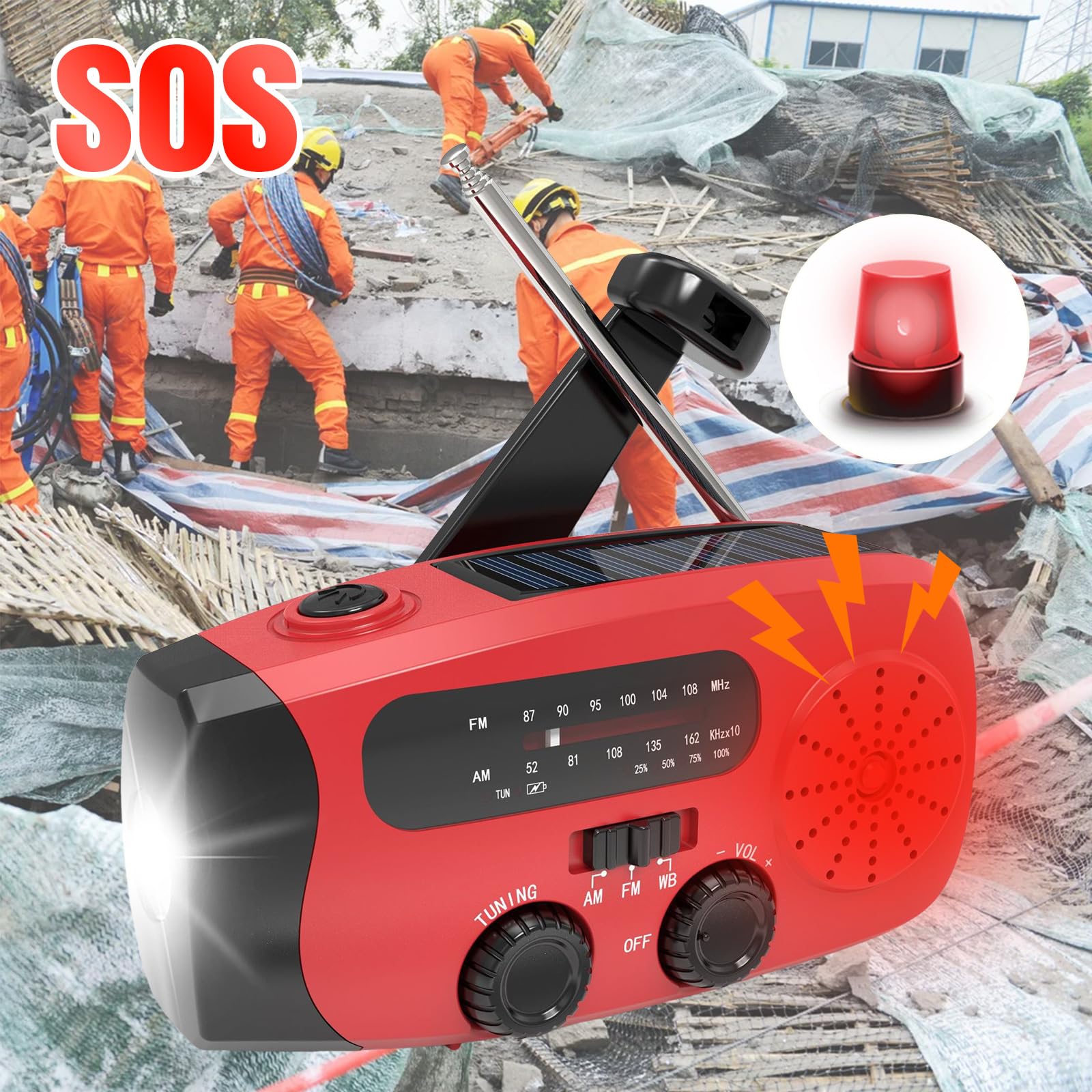 Radio d'urgence Solaire Portable avec Batterie 2000mAh, FM/AM/WB, Recharge USB, Camping Extérieur (Rouge)