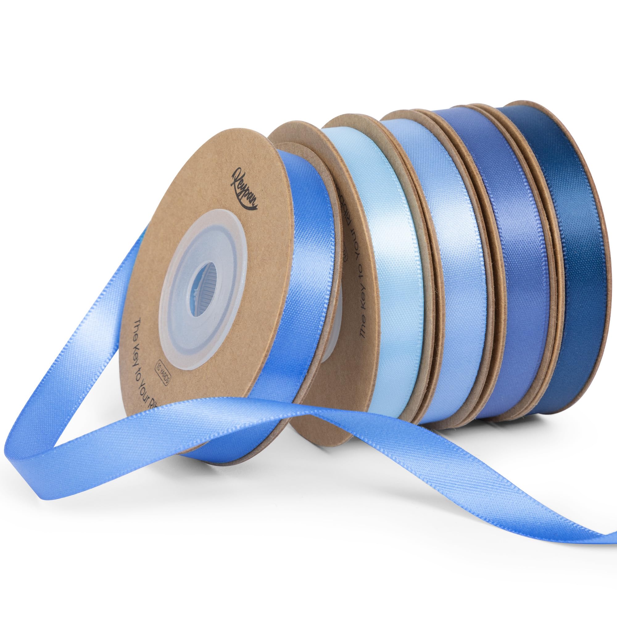Keypan Blue Satin Ribbon Set 9.5mm x 45.7 m Double-Faced Assorted Ribbons for Flower Bouquet Wrapping Paper Bows Gift Wedding Invitations Crafts, 9.14m per roll