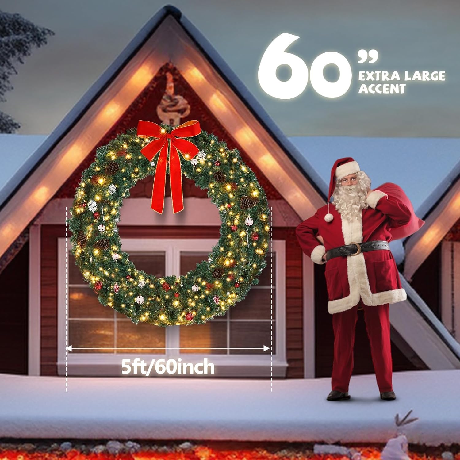 VINGLI 60 Inch Pre-lit Outdoor Christmas Wreath w/220 LED Lights, 600 PVC, Remote Control, Timer, Weather-Resistant for Garage & Front Door Decor