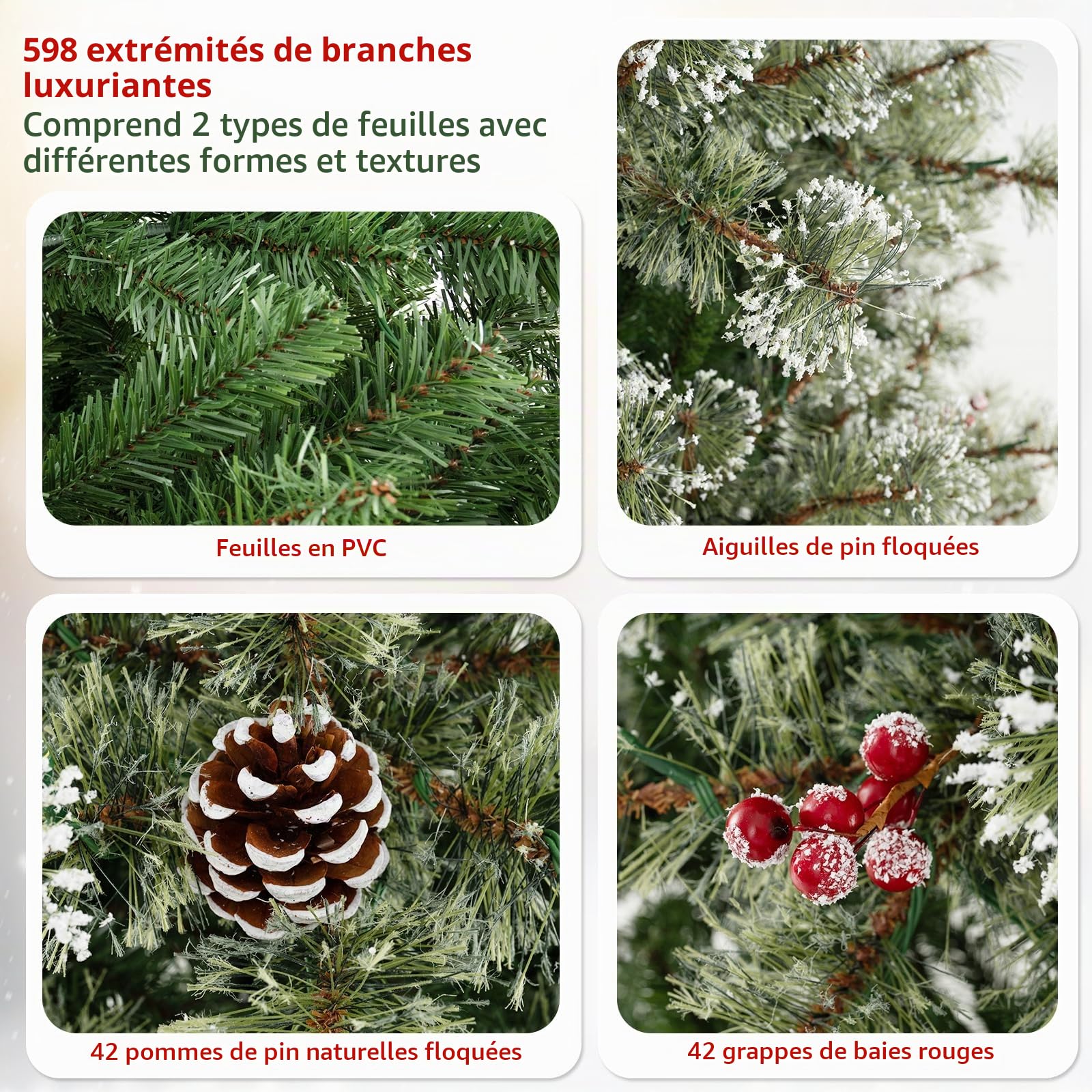 COSTWAY Sapin de Noël Artificiel 180 cm, Arbre de Noël Pré-éclairé à Charnière 598 Aiguilles de Pin et Embouts en PVC, 350 Lumières LED Multicolores et Blanc Chaud, 9 Modes, Connecteur Rapide