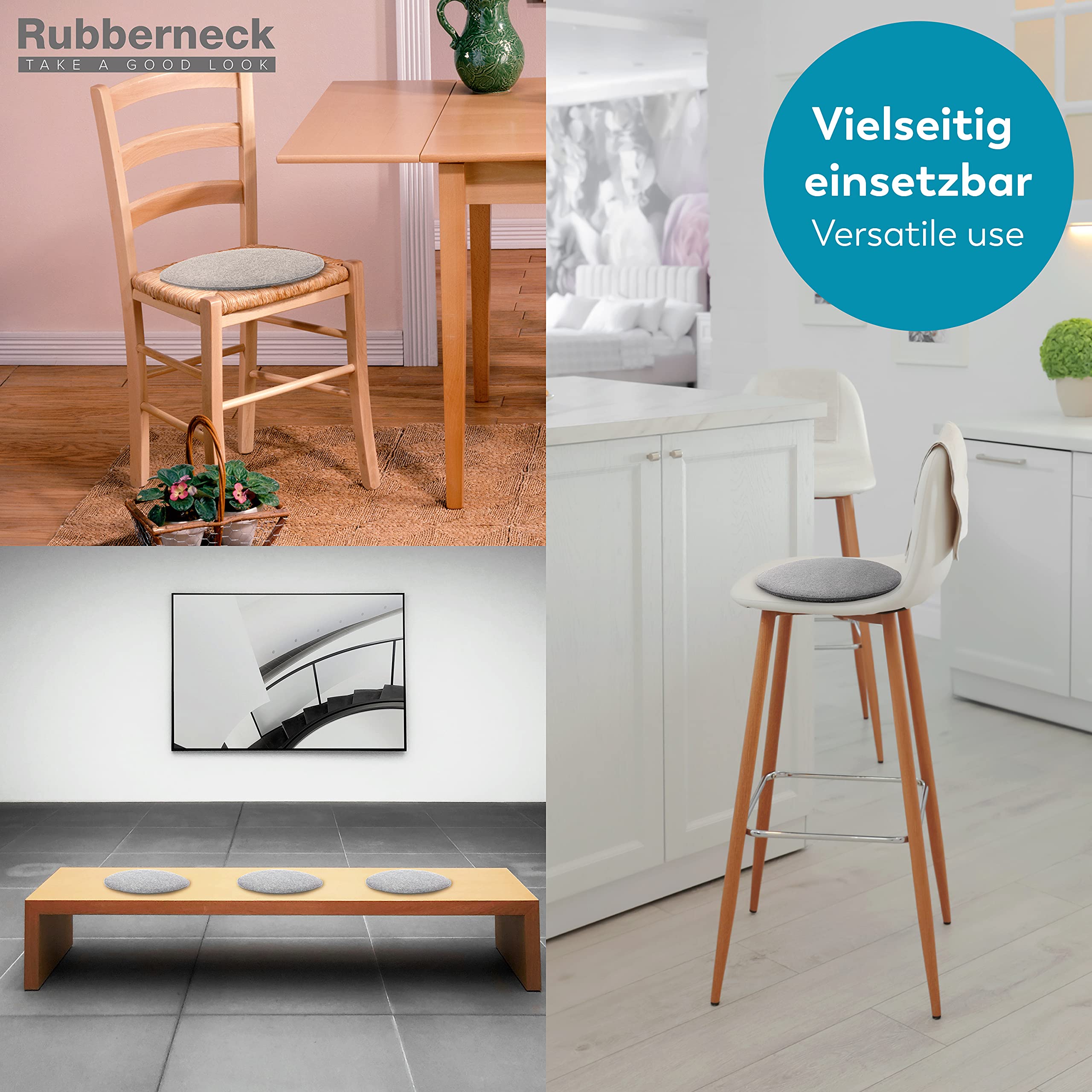 Rubberneck Set di 4 cuscini per seida in feltro antiscivolo, rotondi, extra spessi, grigio chiaro