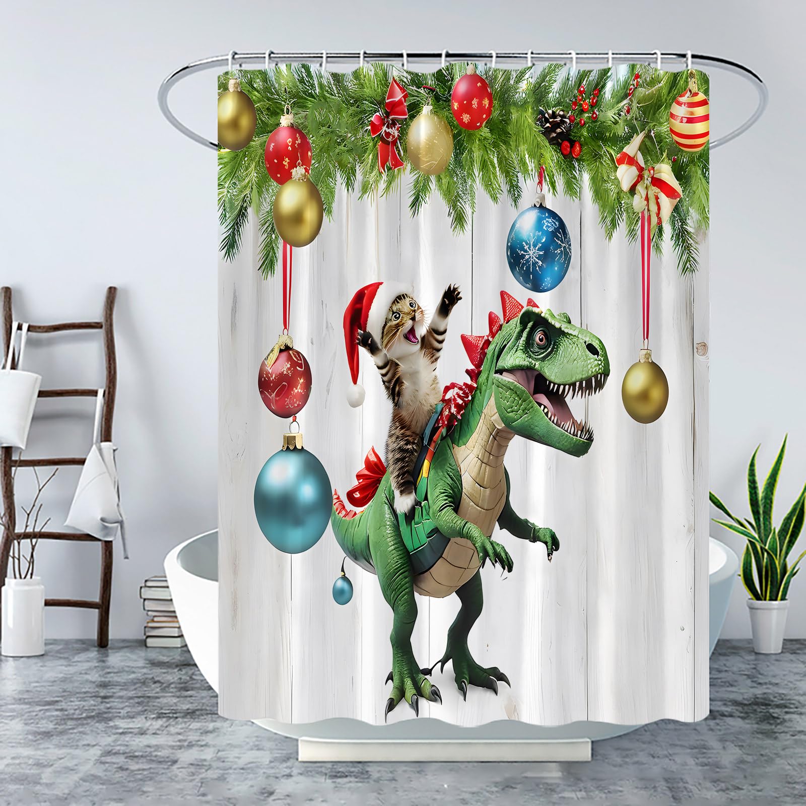 KDYDK Christmas Shower Curtain Cute Funny Cat Riding Dinosaur in Santa Hat Xmas Ball Pine Branch Vintage Wooden Happy New Year Winter Holiday Decor
