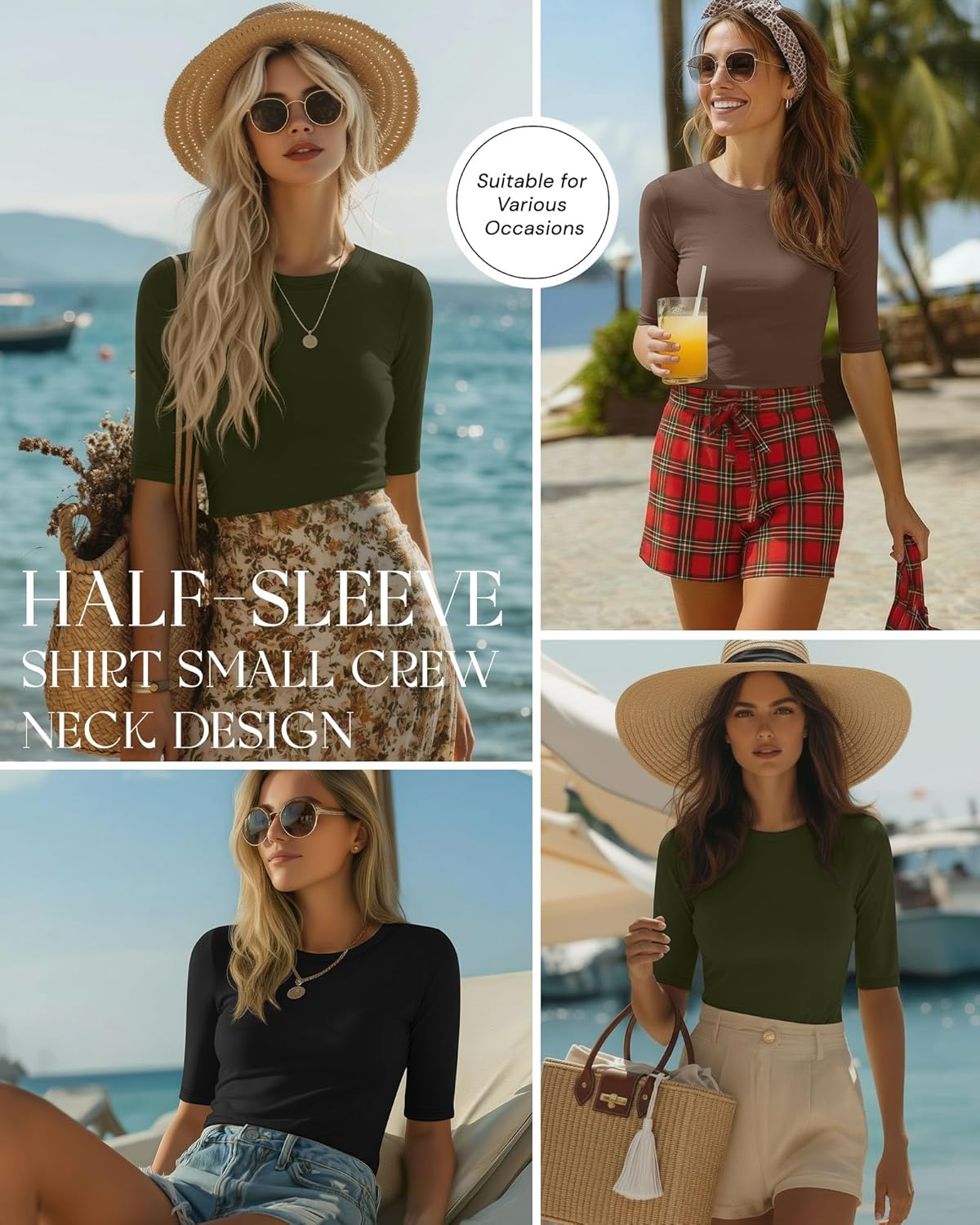 Riyiper 3 Pack Women's Half Sleeve Tops Crewneck 1/2 Sleeve T Shirts Elbow Length Tops Slim Fit Cotton Blend Basic Tees - Image 2