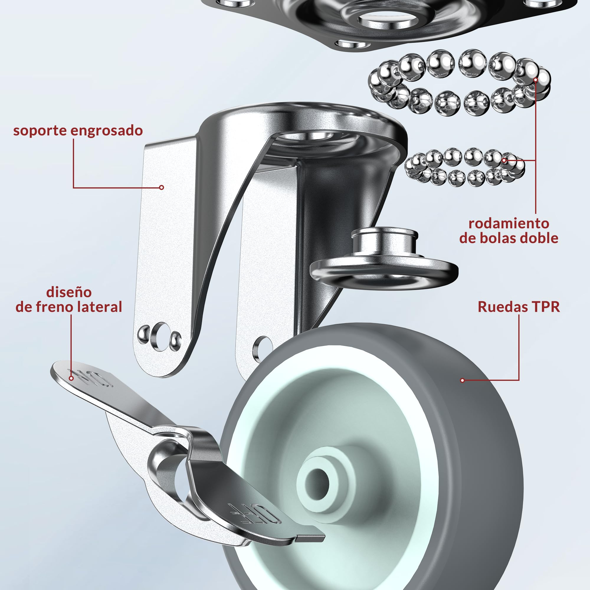 HOLKIE Ruota per mobili da 75 mm con freno laterale, silenziosa e resistente all'usura, utilizzata per mobili, banco da lavoro o altre applicazioni. Capacità di carico massima 227 kg