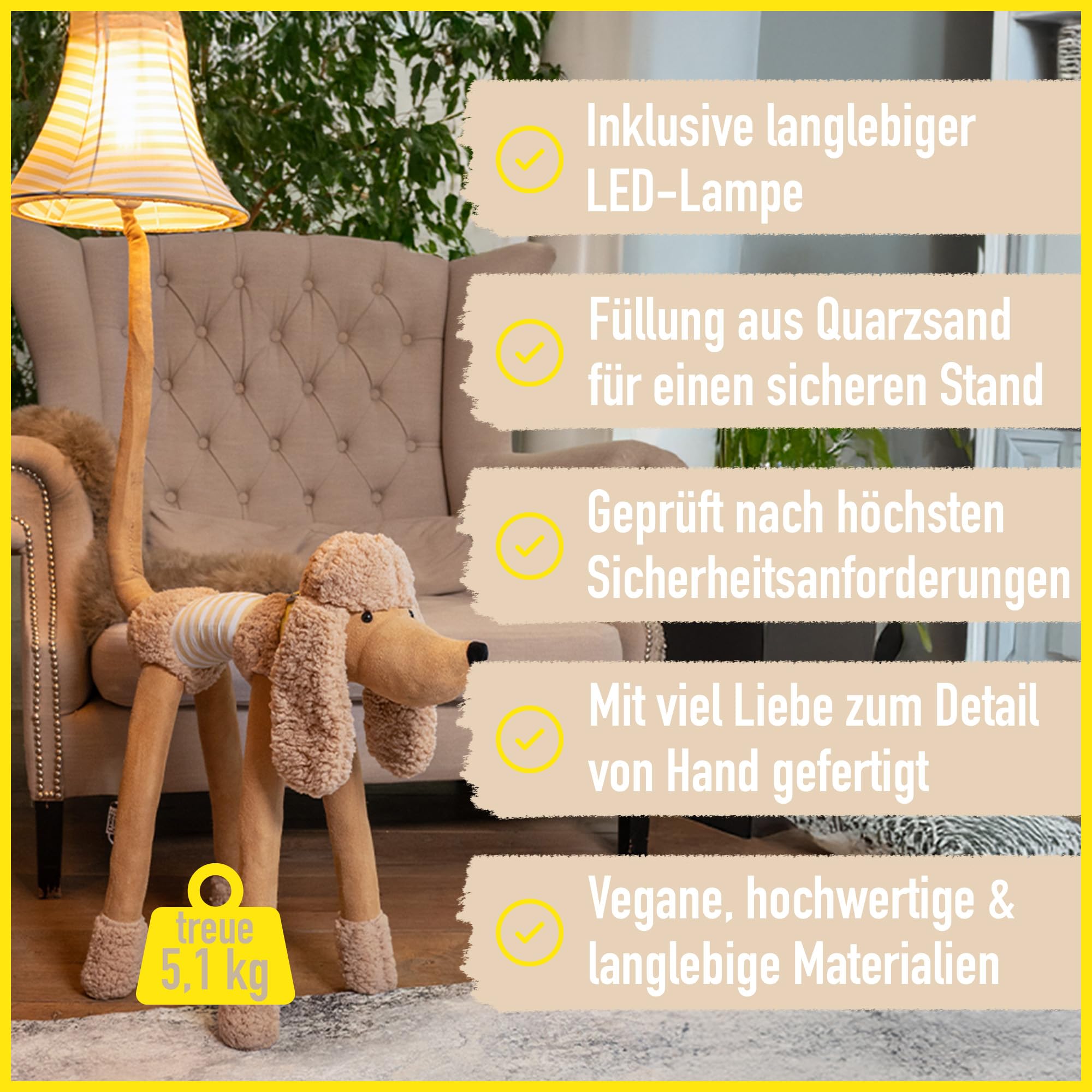 Happy Lamps Bello der Pudel LED-Stehampe 126 cm, Kinderzimmer Deko | handgefertigt, kindersicher, ideal fürs Kinderzimmer, Geschenkidee