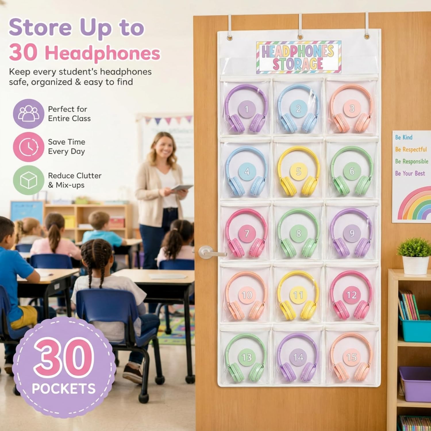 2 Pack Classroom Headphone Storage Organizer, 30 PVC Clear Classroom Headphone Holder Pocket Chart Cell Phone Storage Over the Door Hanging Bag with 62 Labels and 6 Hooks for School Library