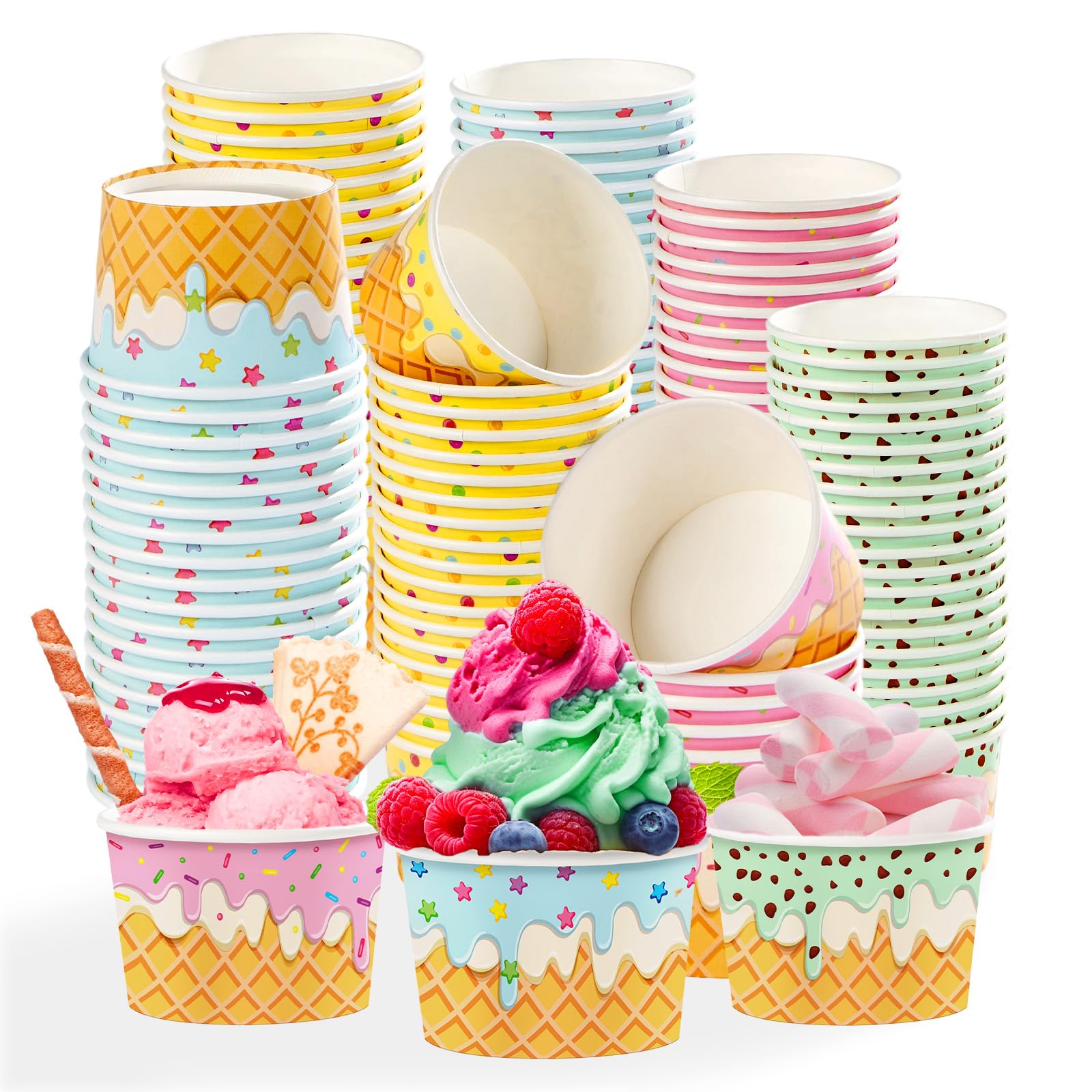 Grencian 120 Pcs Ice Cream Paper Cups 12 Oz Ice Cream Sundae Cups Disposable 4 Colors Dessert Snack Paper Cups for Candies Frozen Yogurt Soup Supplies