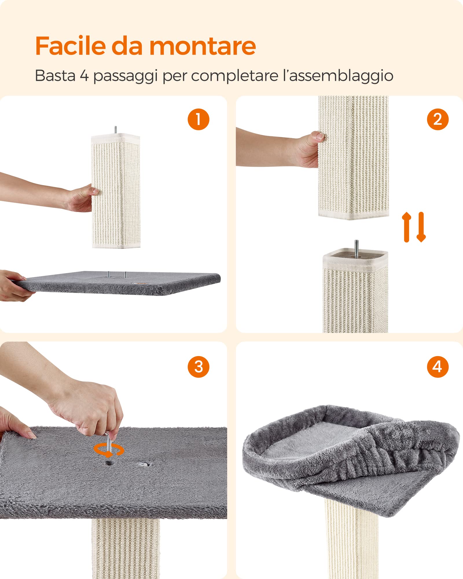 Feandrea Albero per Gatti, Tiragraffi con Piattaforma in Peluche da 40 x 30 cm, Graffiatoio per Gatti, Alto 71 cm, Colonna con Sisal Intrecciato, Base 45 x 40 cm, con Pompon, Grigio Chiaro PCA022W01