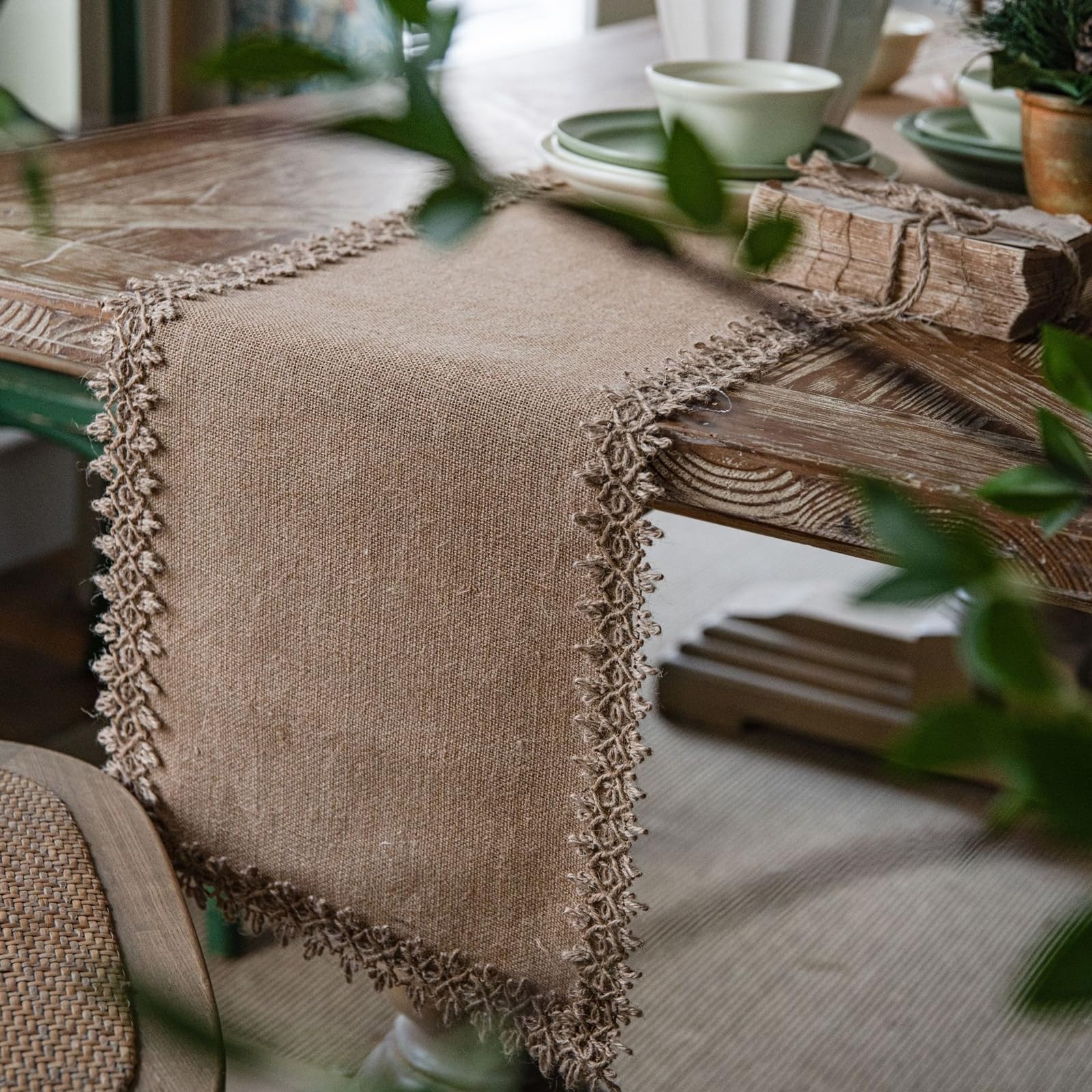Moderne Tischläufer Wohnzimmer Jute, Tischläufer Hochzeit 30x220 cm, Uni Gewebt mit Quasten