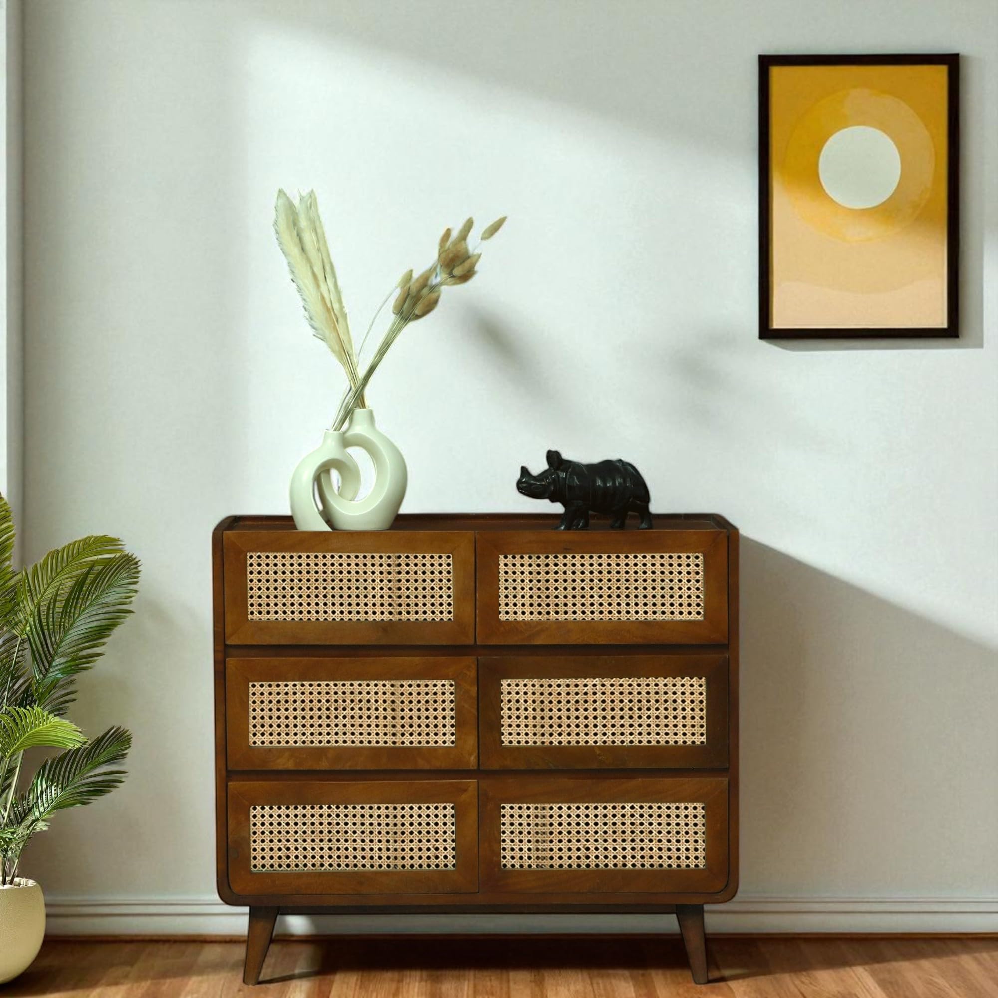 Kraft Bazaar Solid Wood & Cane Concerto Chest of Drawers | 6-Drawer Wooden Storage Dresser | Walnut Brown Finish-image-43