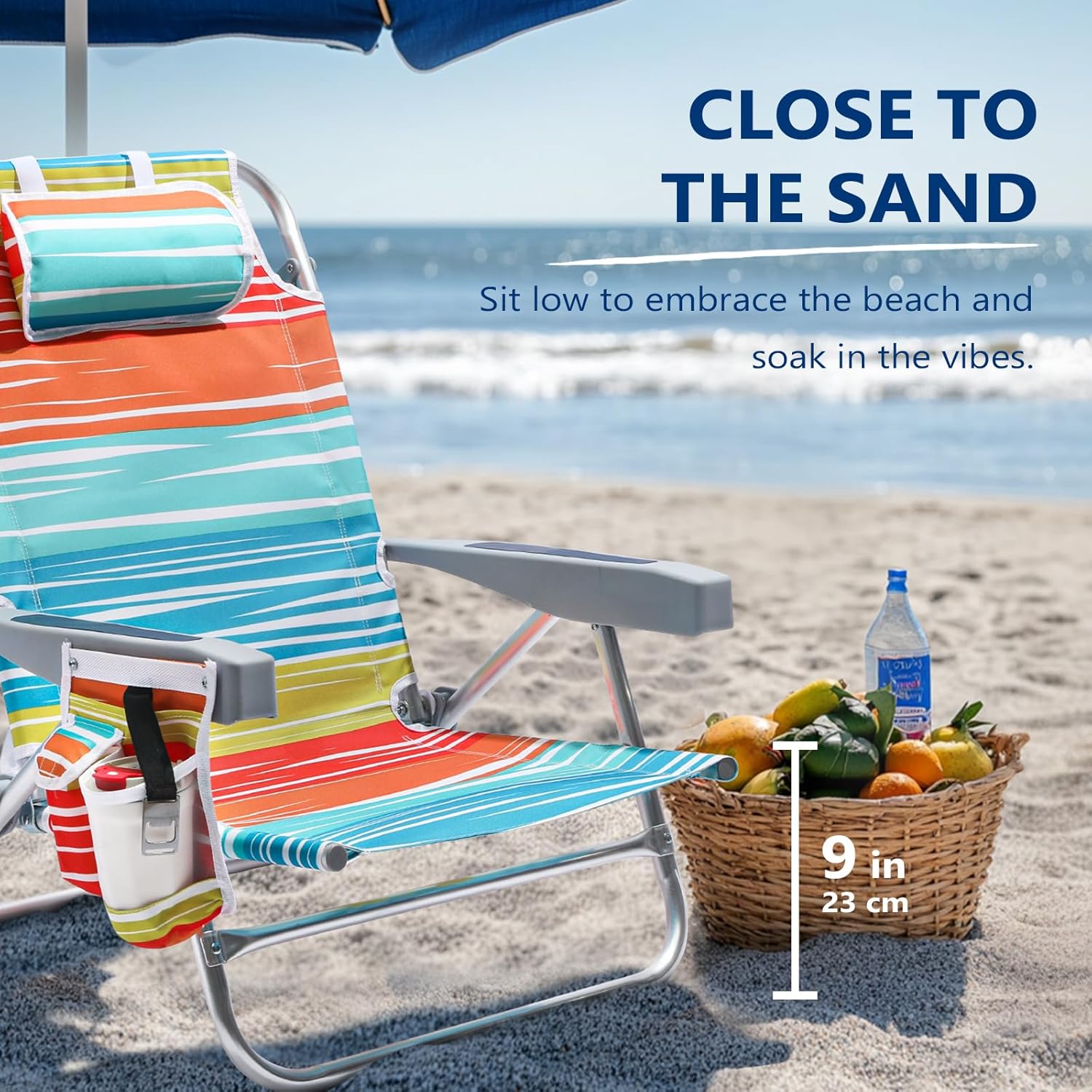 5-Position Aluminum Lay Flat Backpack Beach Chair 2 Pack, Compact Portable Low Beach Chairs for Adults, Beach Chair with Cooler Pouch, Storage Pouch, Towel Bar, Cup Holder, Multicolor Stripe 2 Pack