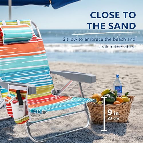 Miniatura 6 de Silla de playa plana de aluminio de 5 posiciones, sillas de playa bajas compactas y portátiles para adultos con bolsa enfriadora, bolsa de