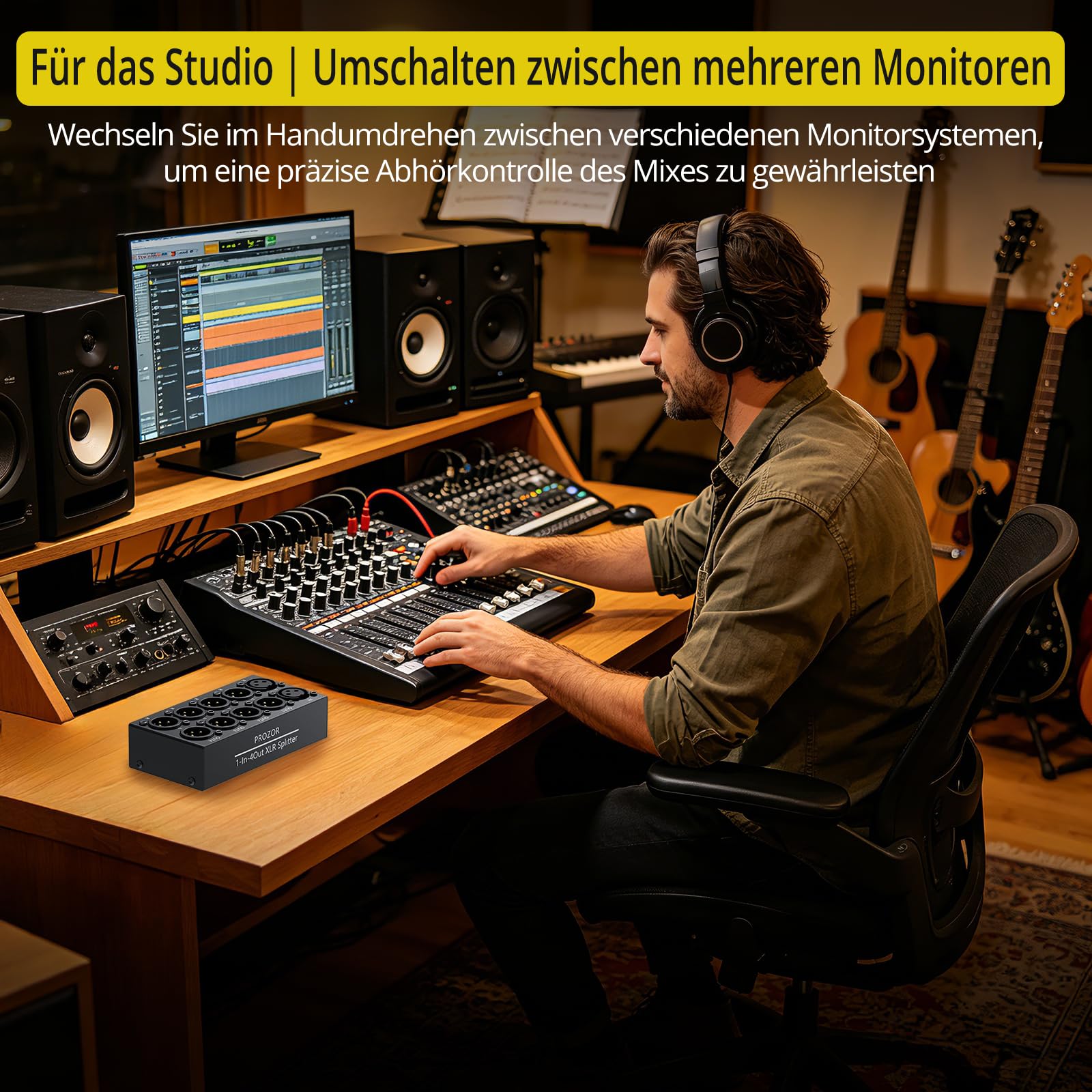 PROZOR 4 Way XLR Splitter Box Passiver Stereo Verteiler Symmetrisch 1 In 4 Out für Mischpulte, DAC-Decoder, CD-Player und professionelle Monitorlautsprecher
