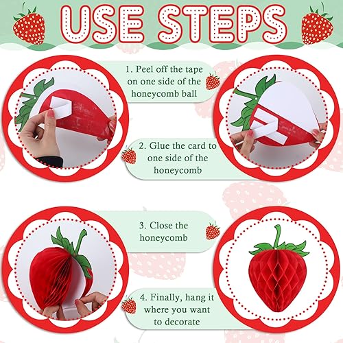 Miniatura 3 de Epakh 14 decoraciones de fiesta de cumpleaños de 6 pulgadas, diseño de panal de abeja de fresa, papel de fresa, decoración de fiesta de papel para