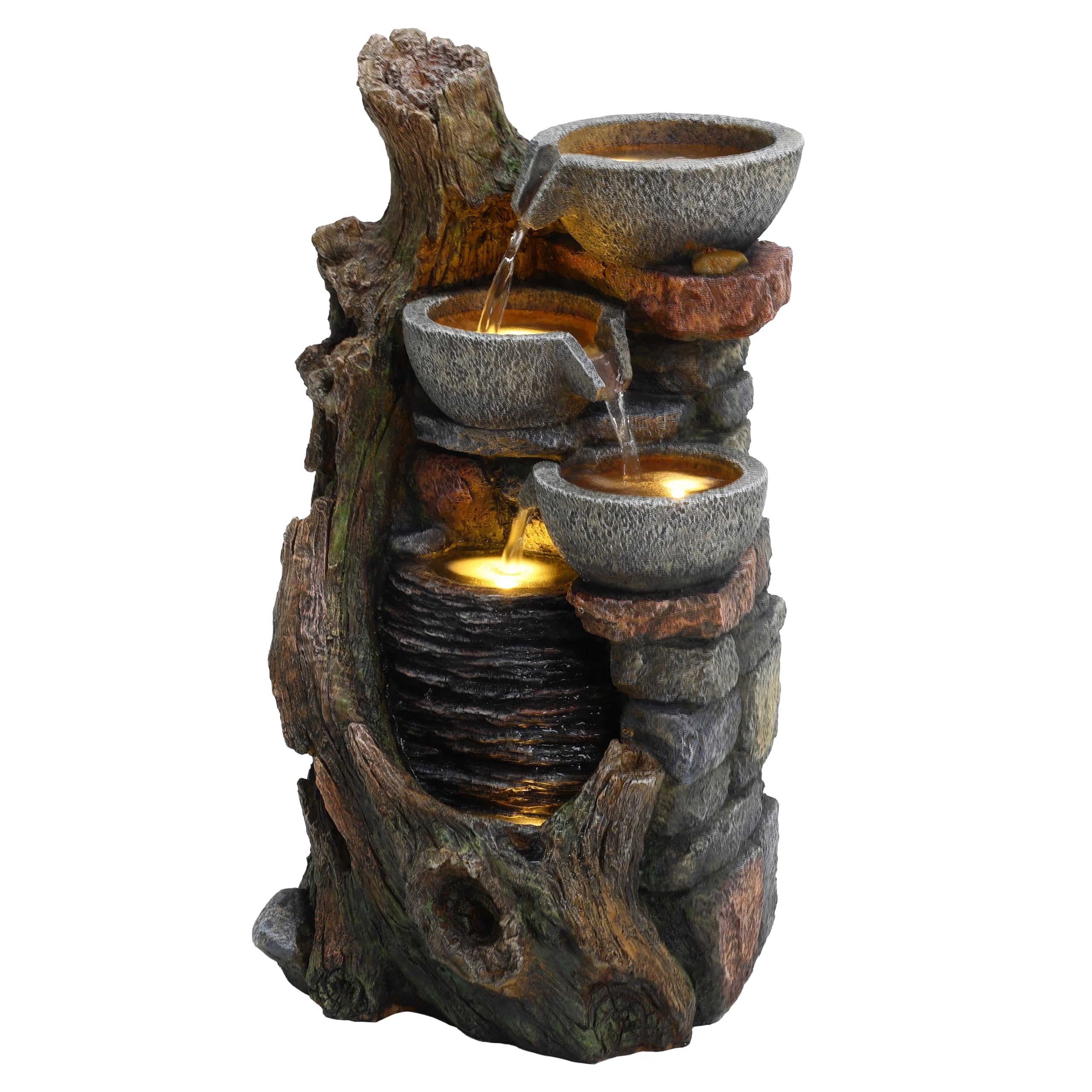 Fuente de Agua Exterior Eléctrica Rústica con 5 Luces LED, Cascada Decorativa Efecto Piedra y Madera para Jardín, Patio o Terraza, IP44 – Rustic Brook