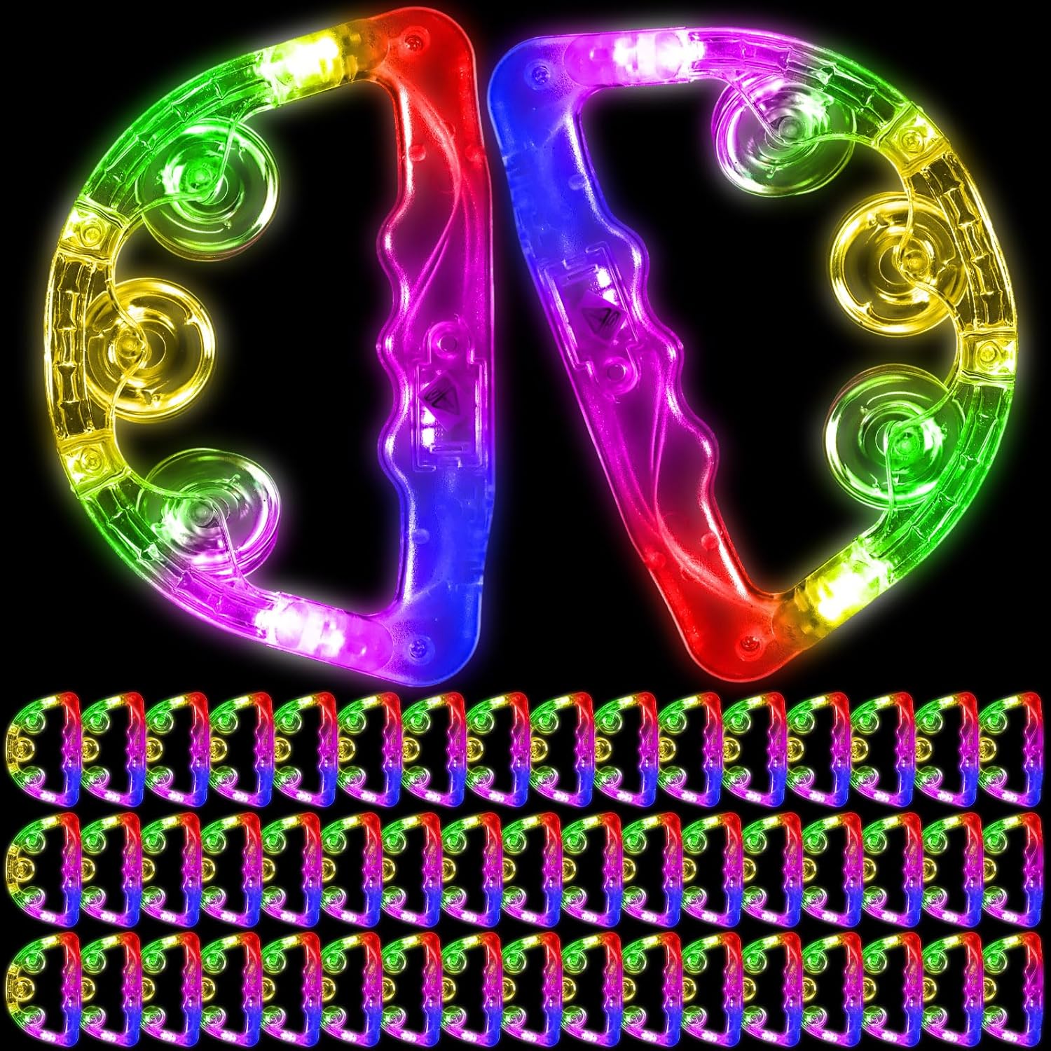 50 Pack LED Light up Tambourines with Flashing Lights Tambourine for Adults, Glow in The Dark Half Moon Handheld Percussion Musical Instrument for Weddings Dance Floor Props(White Lights)