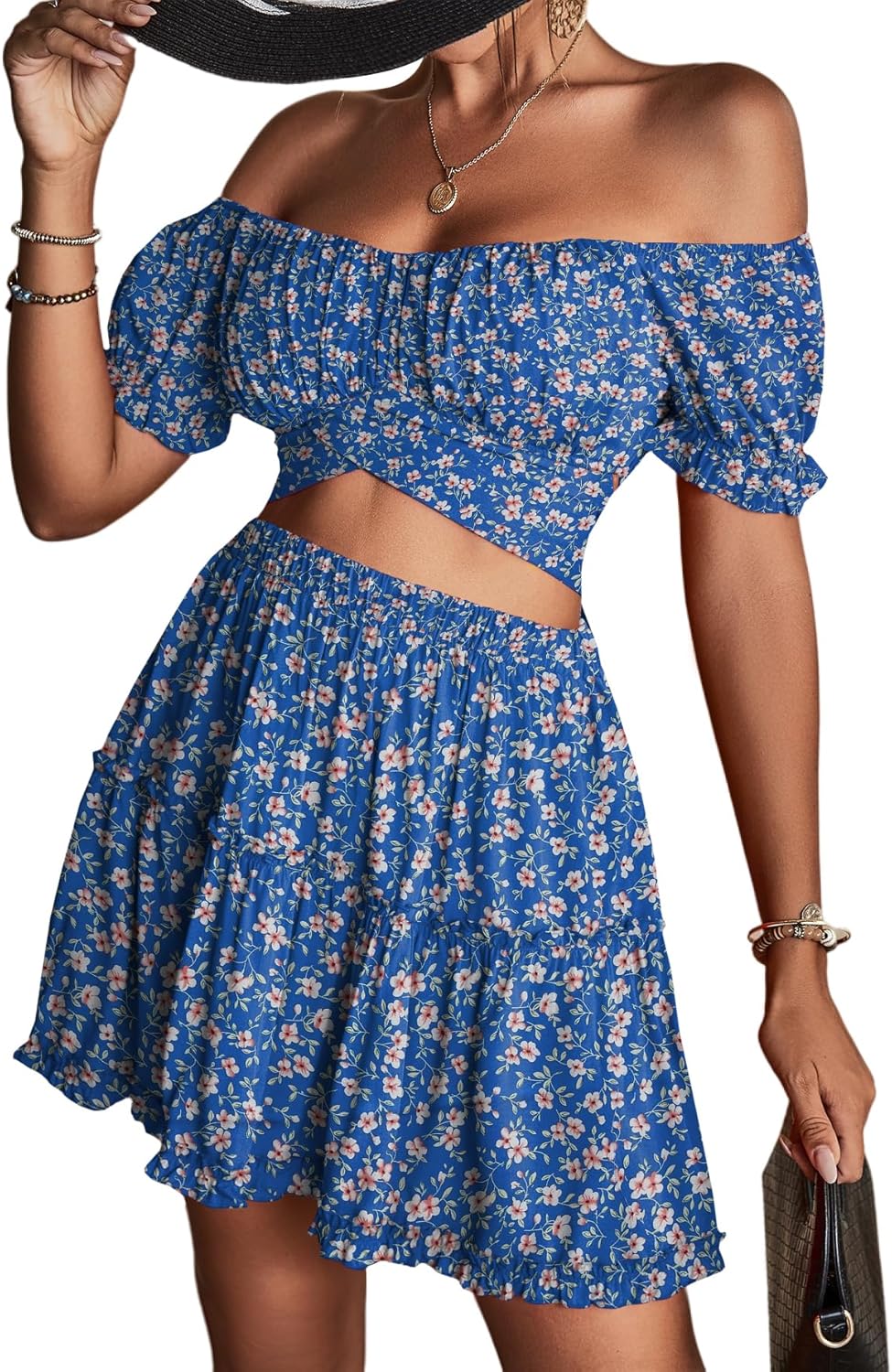 LYANER Women's 2 Piece Outfits Floral Off Shoulder Tie Up Crop Top and Mini Skirt Set - Image 6