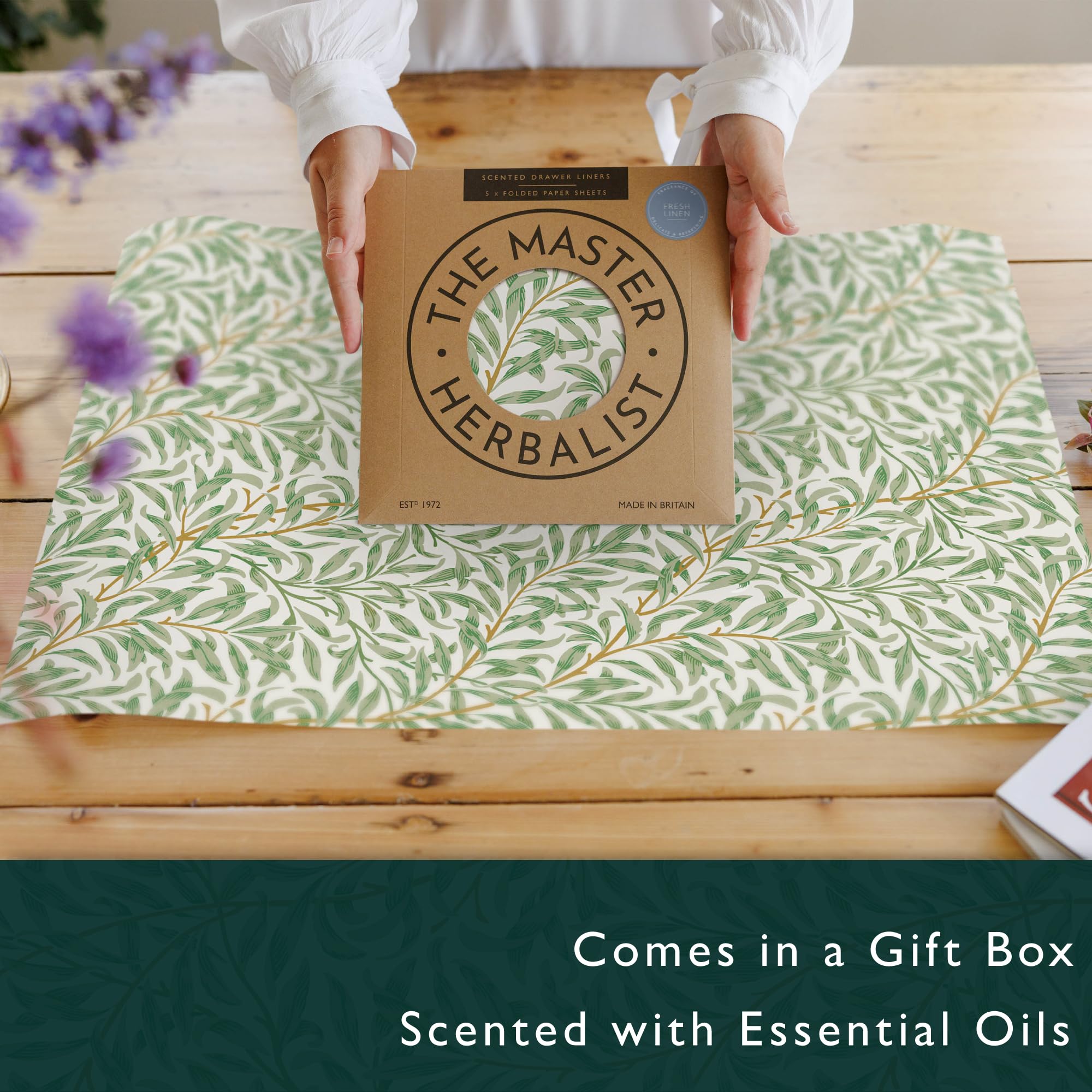 The Master Herbalist Fragrant Scented Drawer Liners in a William Morris Inspired Design | Pack of 5 Sheets | Contains Essential Oils | Made in The UK (Fresh Linen)