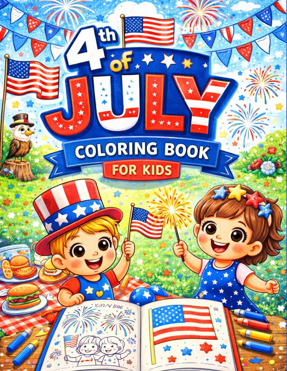 4th of July Coloring Book for Kids: 100 Fun and Easy Patriotic Coloring Pages | Fireworks, American Flags, Picnic Scenes and Summer Activities | Large 8.5 x 11 Coloring Book for Ages 4–8
