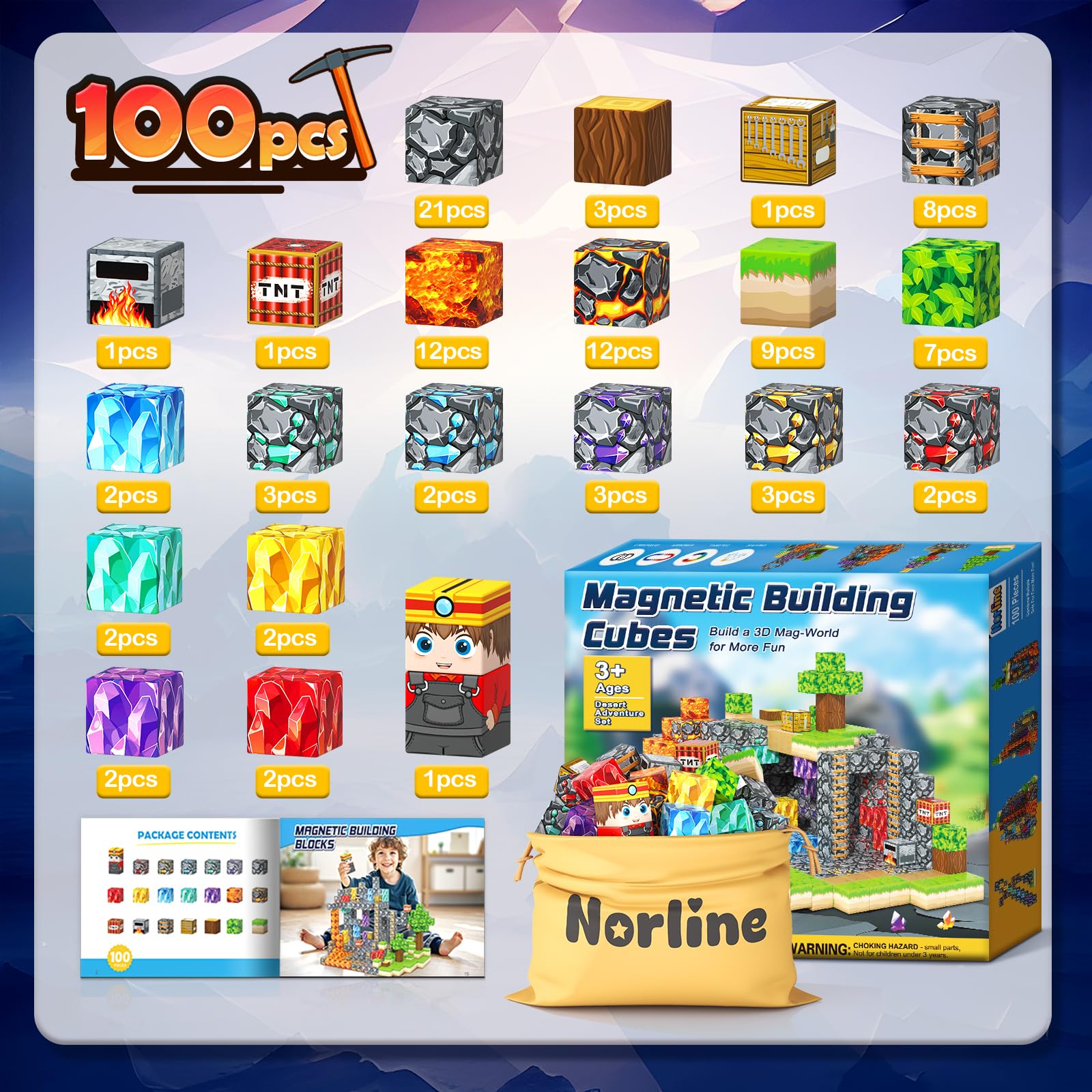 100PCS Magnetic Blocks Building Toys, Gem Cave Adventure Building Craft, Learning Sensory Toys for Boys Girls Age 3-12, Game Gift for Kids Little Gamers