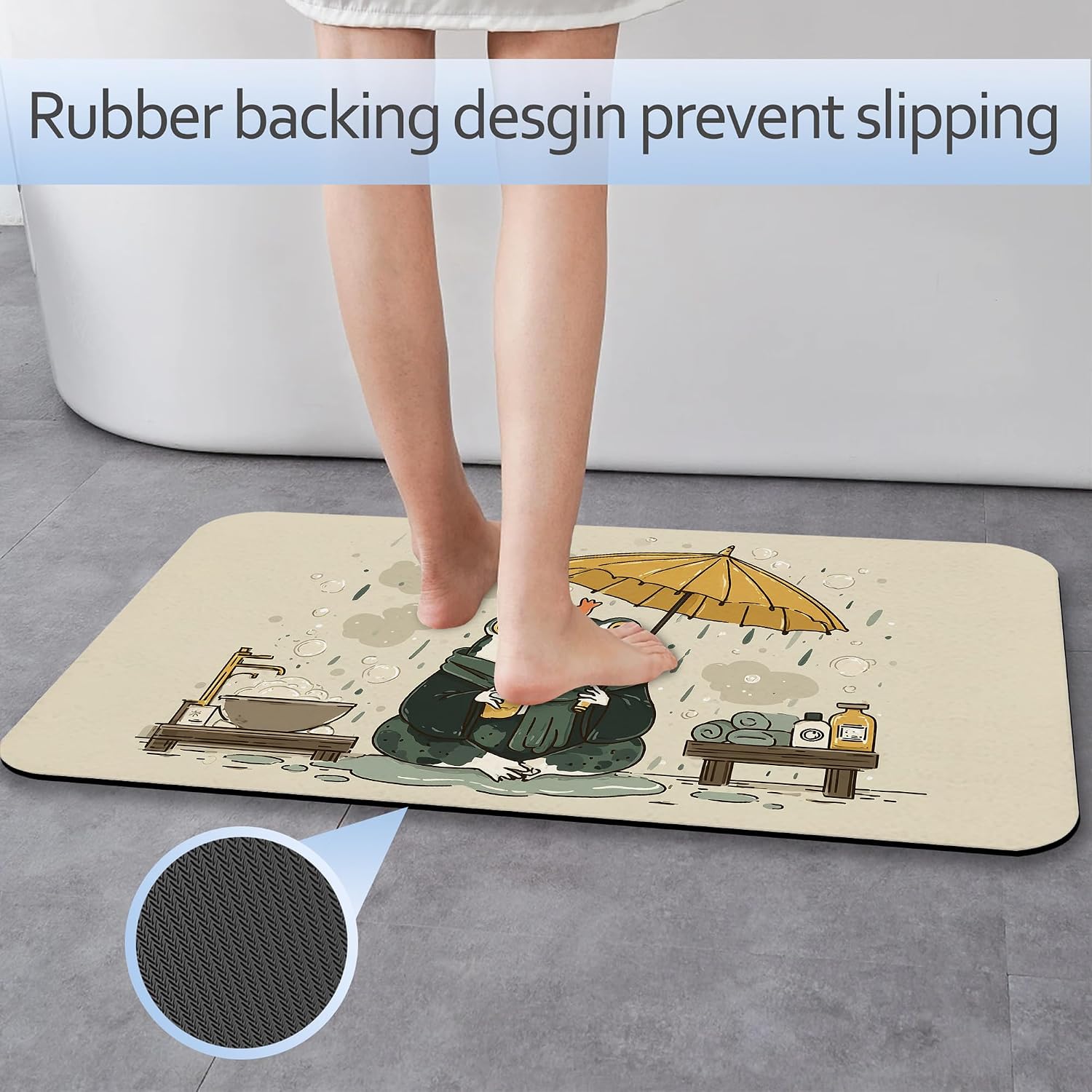 Bathroom Rug 29.5"x17", Cute Funny Frog Bath Mat with Non-Slip Rubber Backing, Quick-Drying Absorbent Thin Floor Mat for Bathroom, Shower, Sink, or Kitchen image 3