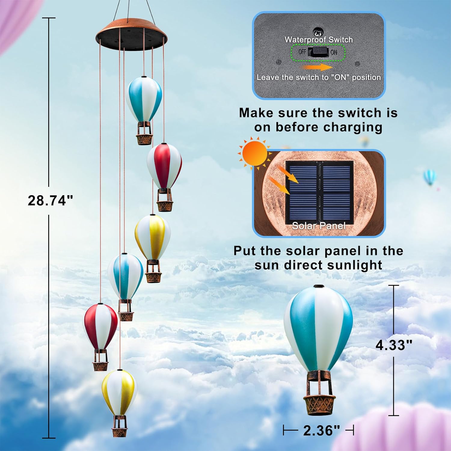 Solar Wind Chimes for Outside - Hot Air Balloon Solar Lights Outdoor Decor Gifts for Women Mom Grandma Birthday