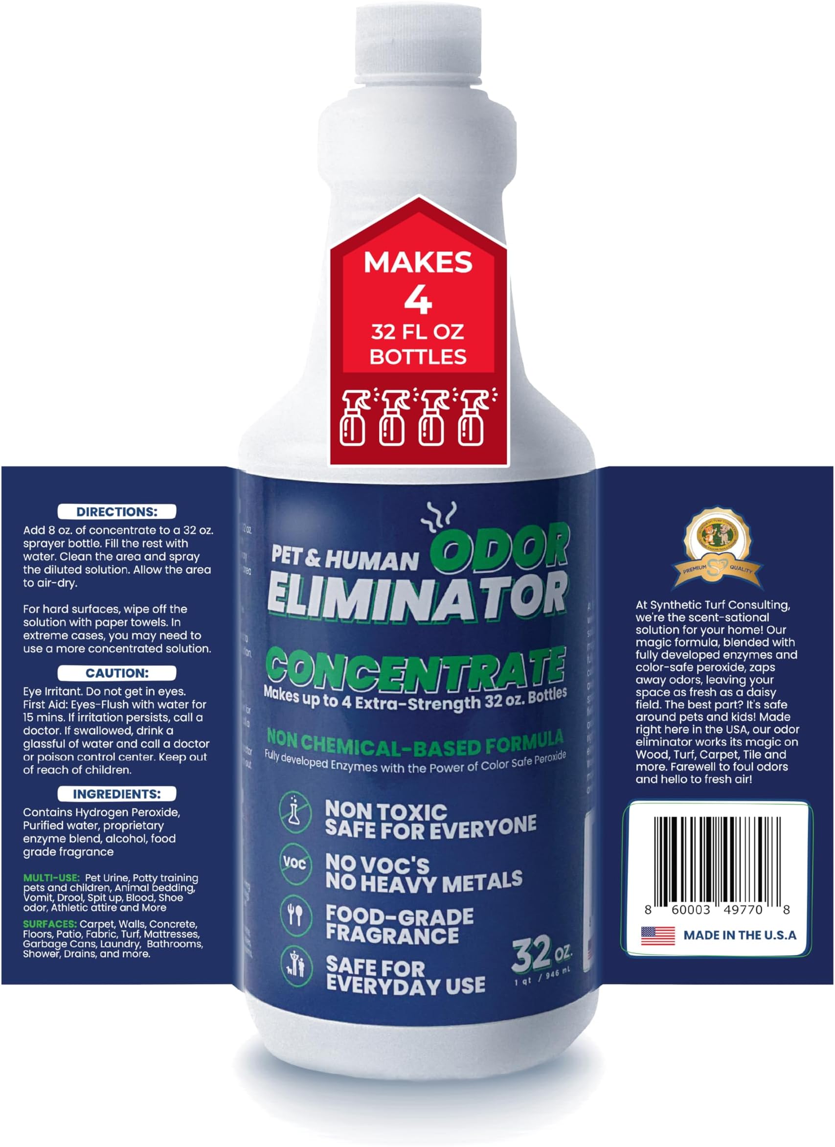 Pet Urine Enzyme Cleaner Concentrate - Color Safe Peroxide Odor Remover Eliminator Enzymatic Cleaner for Dog Urine, Cat Pee, Human Urine & More - Eliminate Strong Odors on Any Surface - 32 Oz
