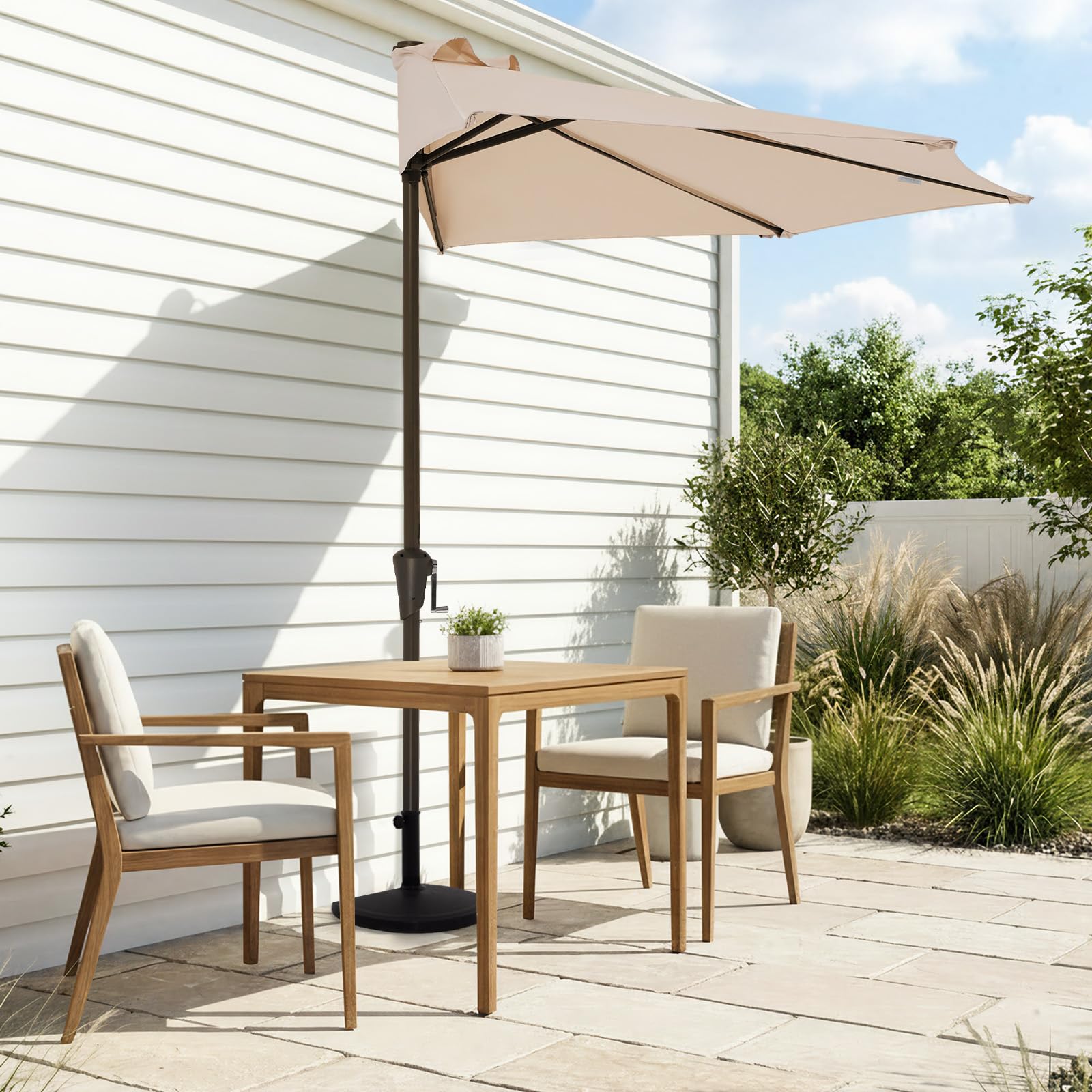 half wall patio umbrella uv resistant JEAREY 9ft Outdoor Umbrella Market Umbrellas with Crank, 1/2 Round Umbrella 5 Sturdy Ribs Protection for Pool Garden Balcony Deck, Beige : Patio, Lawn & Garden Color:Silver w/ Black Covered Living 11ft Patio RLT Duffel Series Perfect for backyard gatherings