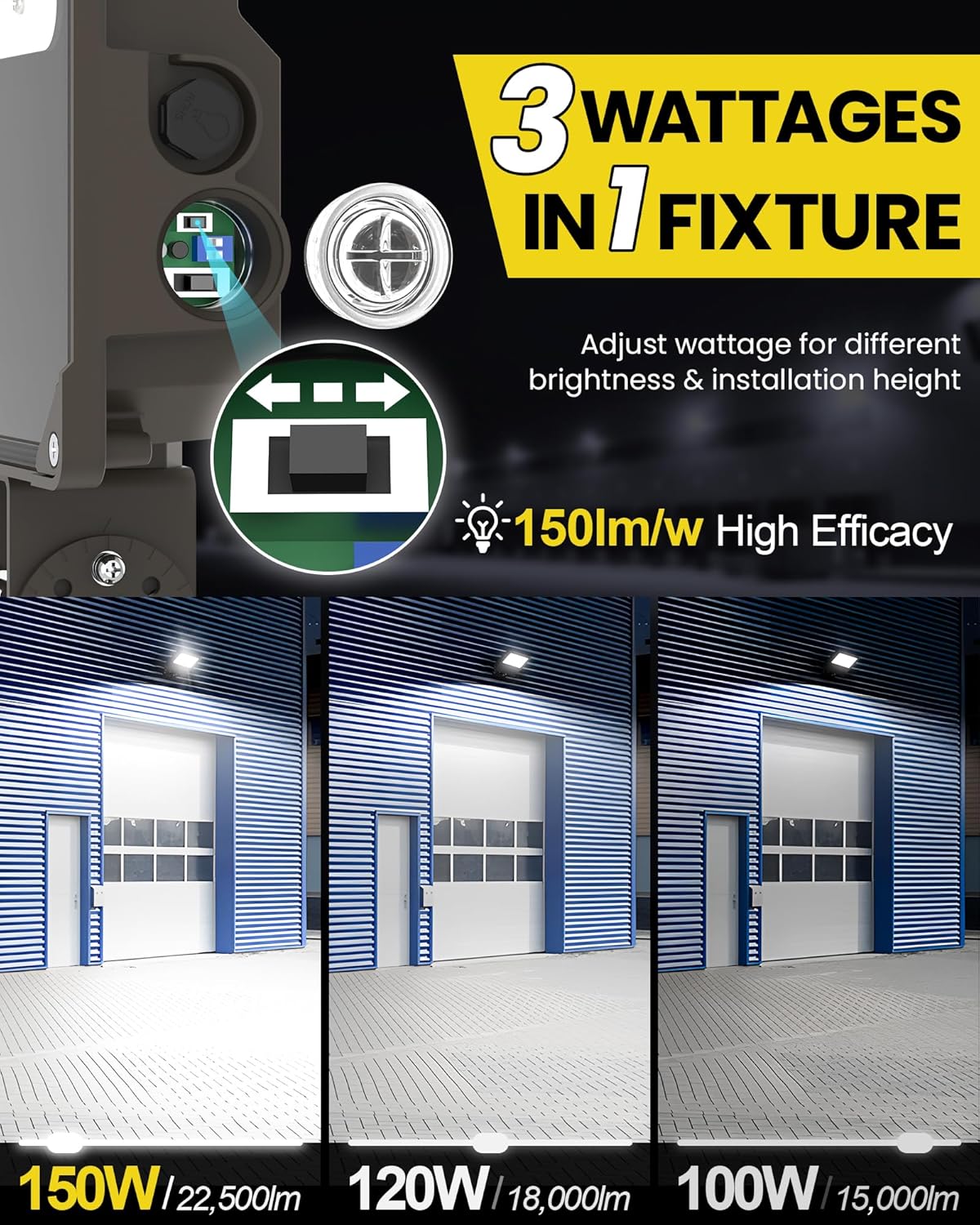 YARBO 9-in-1 LED Flood Light, 150W/120W/100W & 5000K/4000K/3000K Selectable, Timer Dimming & Dusk-to-Dawn Photocell, 22500LM IP65 Waterproof ETL Listed 100-277V, Trunnion Mount for Driveway Warehouse