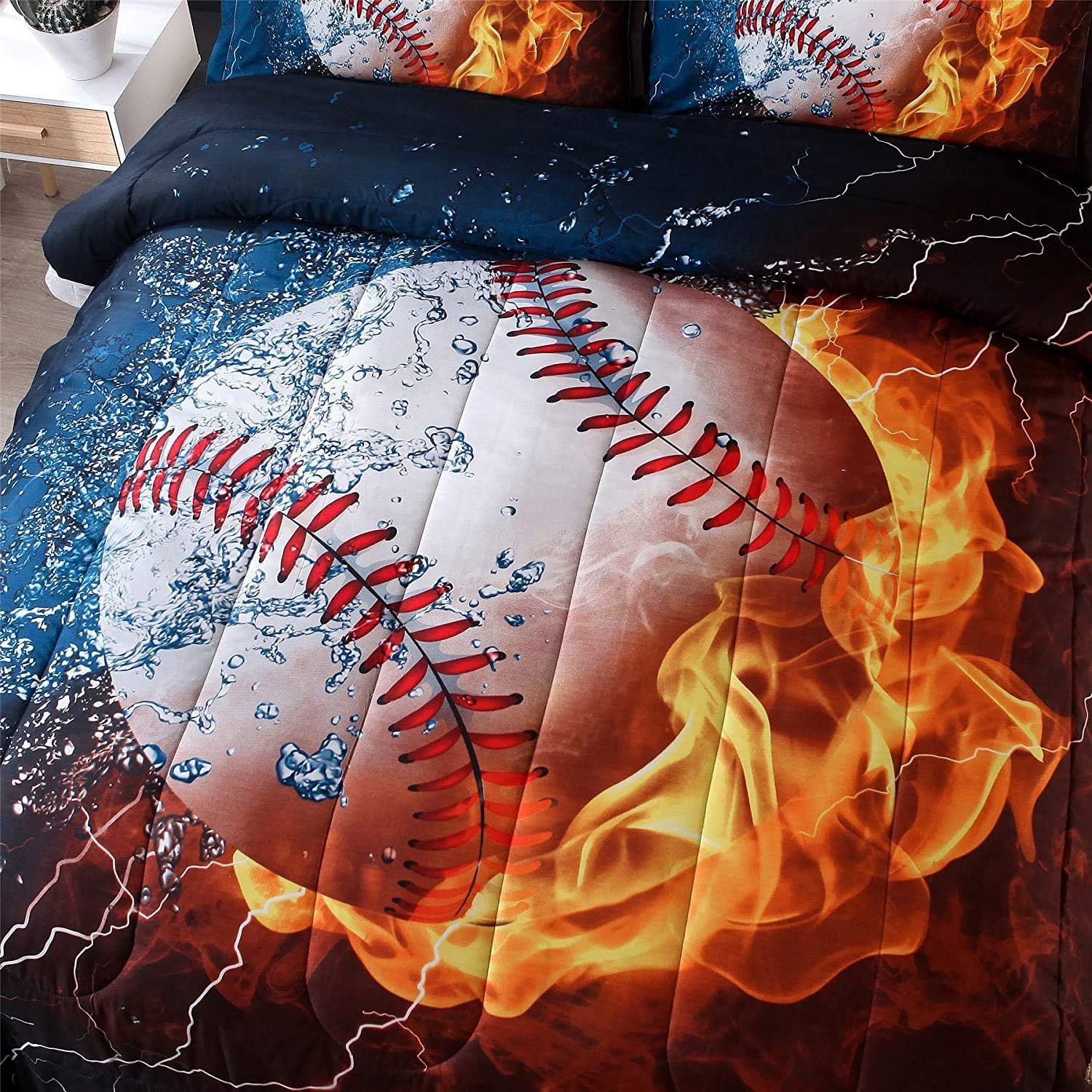 A Nice Night Baseball with Fire Print Comforter Quilt Set Bedding Sets for Teen Boys (Baseball,Twin Size)