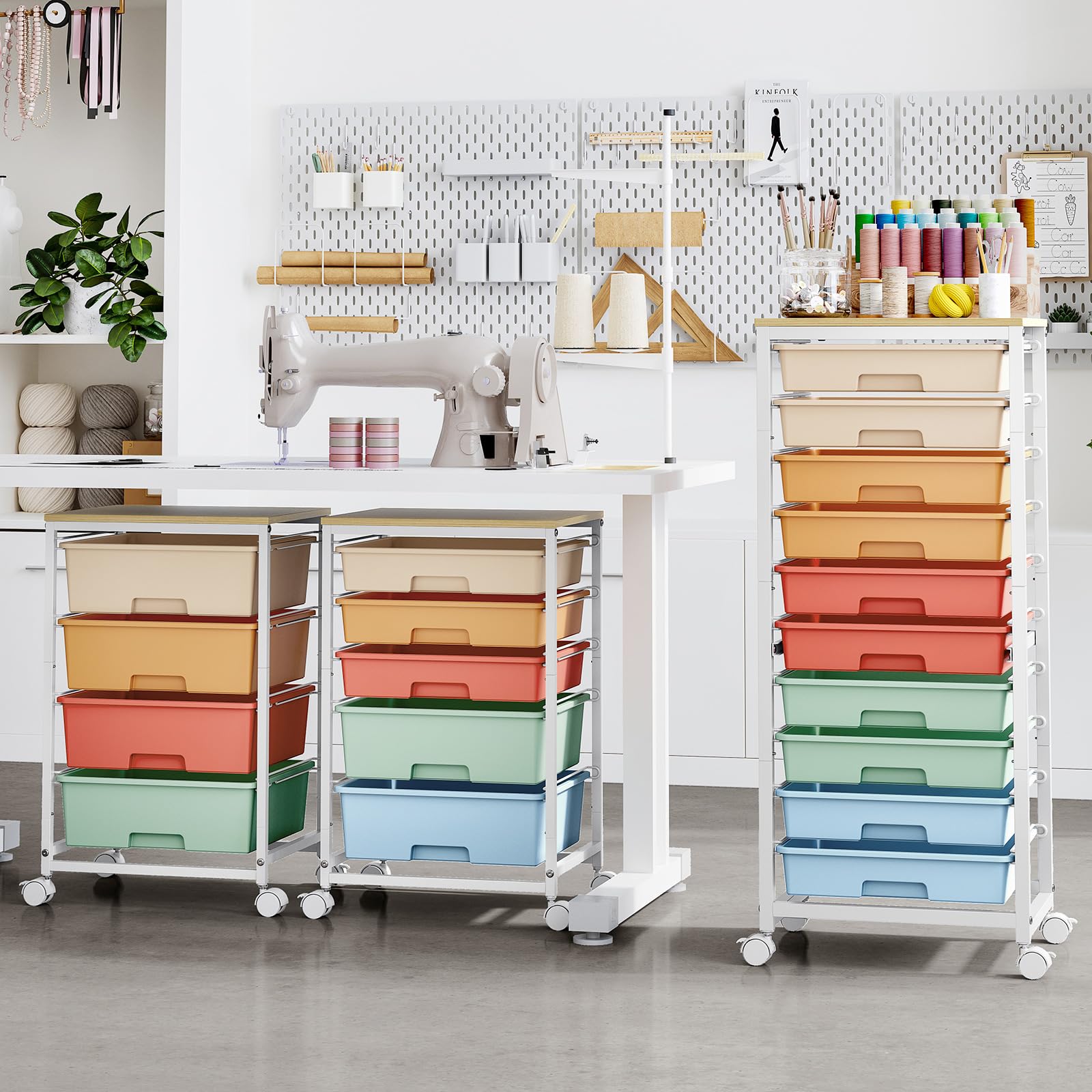 SYKIARIOL Aufbewahrungswagen mit 10 Schubladen, Kunststoff-Schubladen auf Rädern, Kunst- und Bastelwagen mit Holzplatte, Bastel-Organizer für Marker, Büro, Schlafsaal, Kinderzimmer, Regenbogen