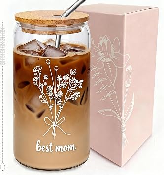 JOYMIA Mothers Day Gifts for Mom - Mama Glass Cup with Lids and Straws - 16OZ Mom Cup, Perfect Gifts for New Moms & Mom to Be, Cute Glass Tumbler for Iced Coffee