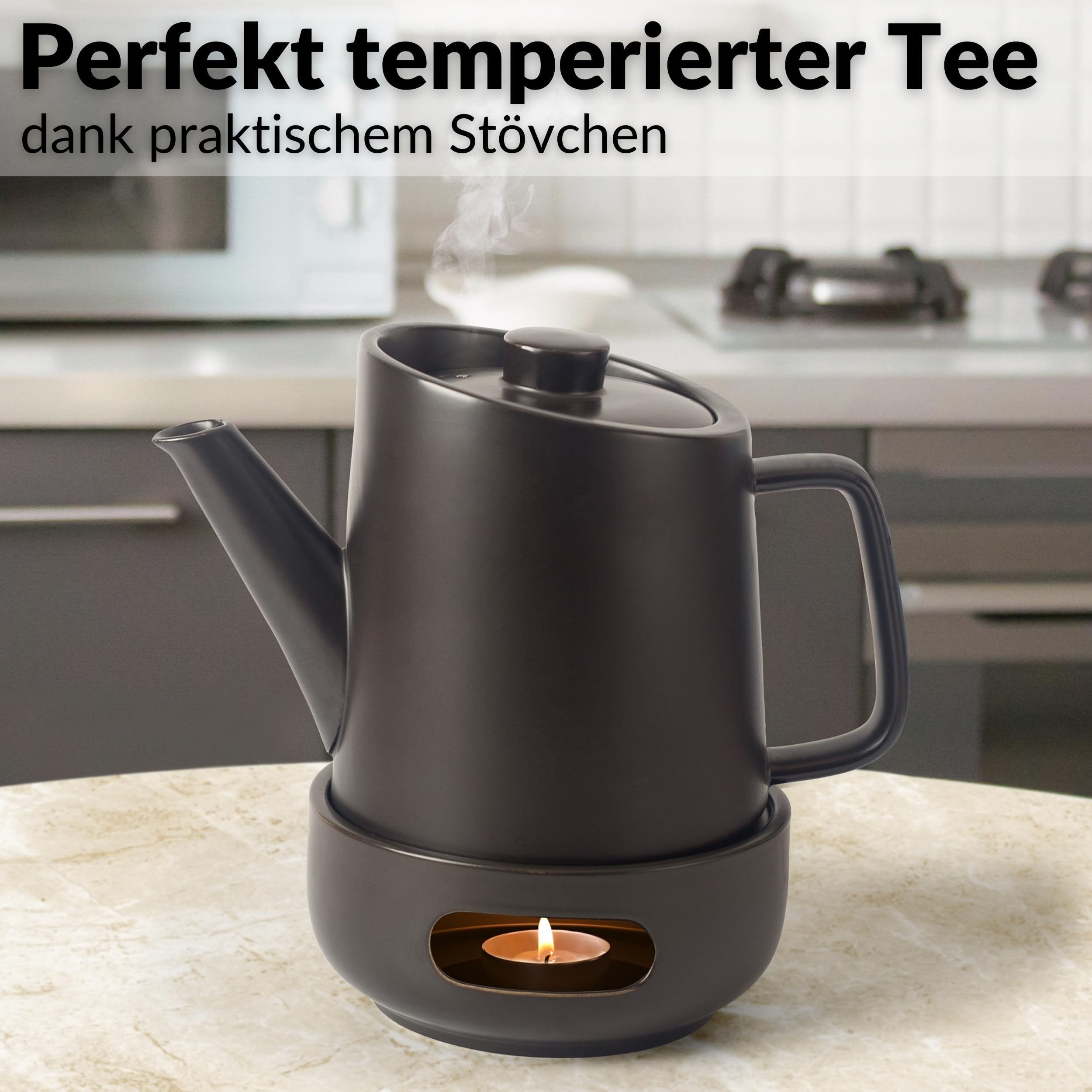 DEKAZIA® Keramik Teekanne mit Siebeinsatz und Stövchen Set - Großer Teapot für losen Tee, 1,2L Porzellan Kanne mit Edelstahl Filter und Teelicht Wärmer Schwarz Steingut