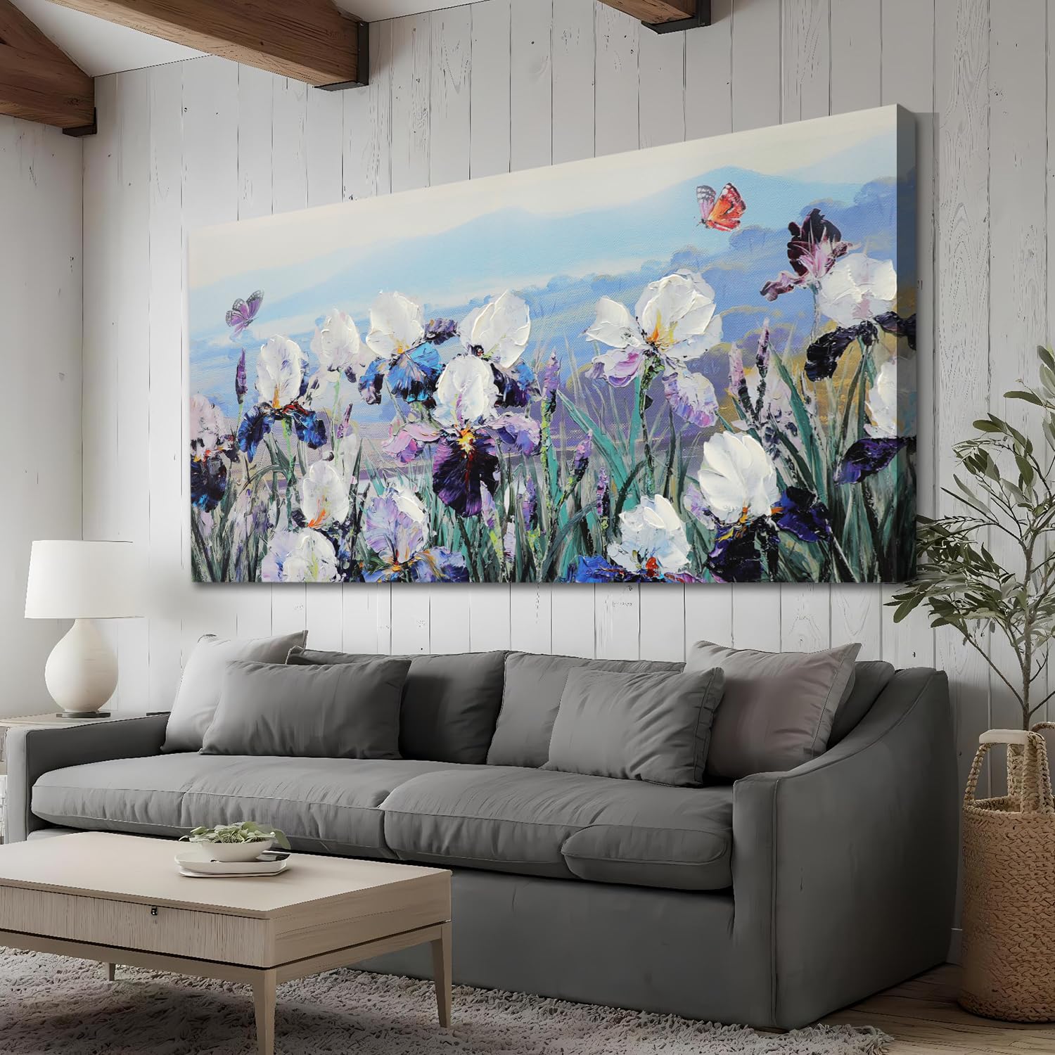 Enartly Flower Wall Art Blooming Purple White Irises Floral Landscape Textured Canvas Painting, Nature Scenery Large Artwork Framed for Bedroom Living