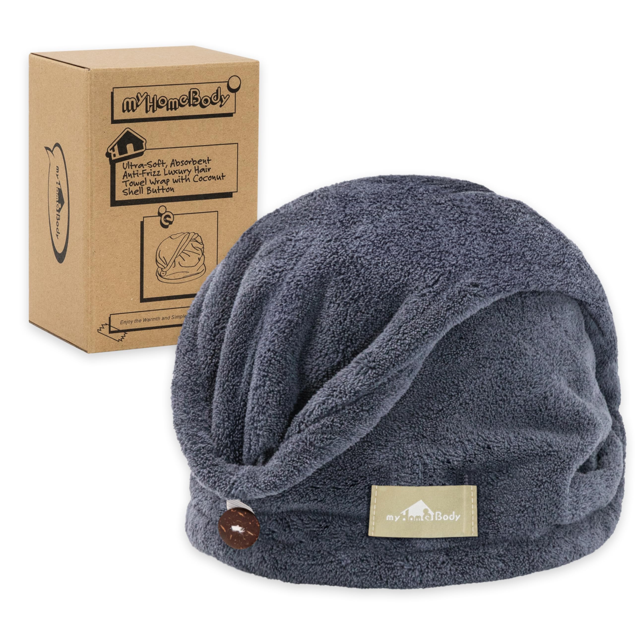 myHomeBody - Asciugamano per capelli con turbante anti-crespo, ad asciugatura rapida, ultra morbido e ad asciugatura rapida, in fibra di bambù assorbente, con pulsante di cocco – Midnight Blue