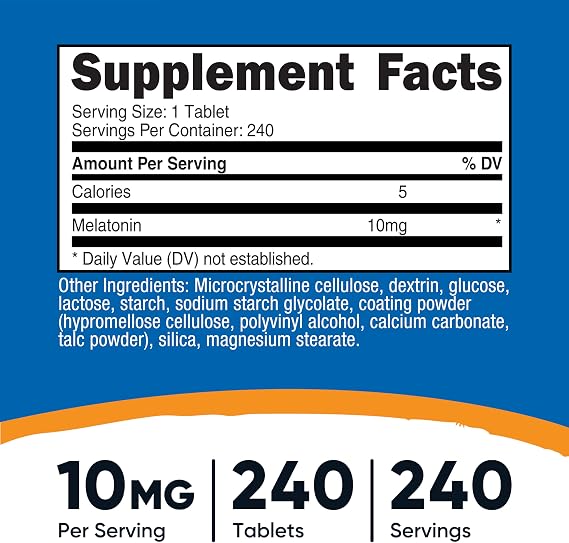 Nutricost Melatonin 10mg, 240 Tablets - 10mg Per Serving, Non-GMO, Gluten Free