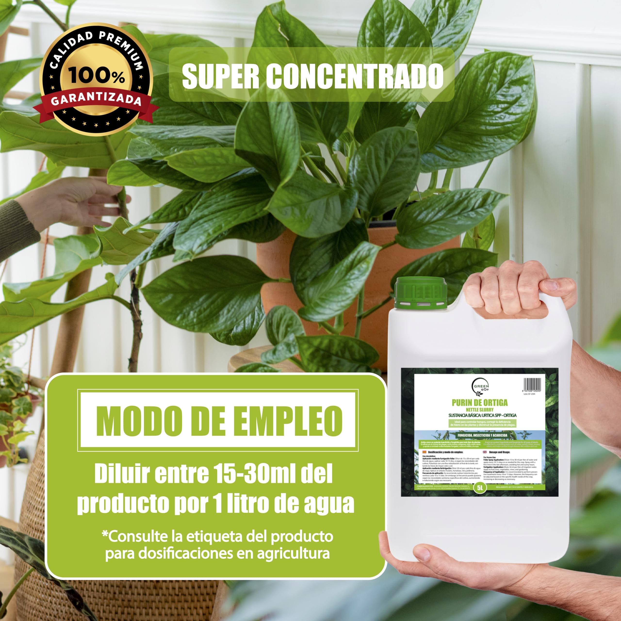 GREENGOF Purin de Ortiga, 5L. Insecticida, Fungicida, Acaricida para el Control de Hongos y para Corregir la clorosis férrica. Orgánico y 100% Natural. Curativo y Preventivo.