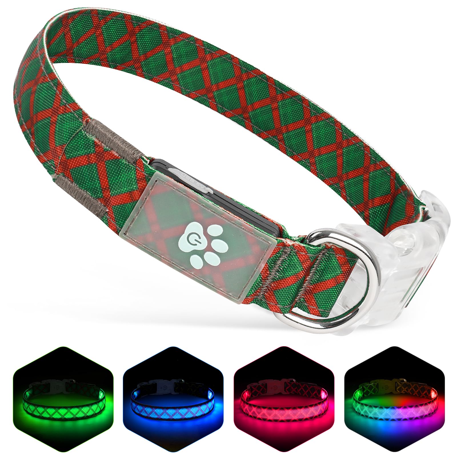 Argyle Print LED Dog Collar - USB Rechargeable, Super Bright Glowing Light-Up Collar with 3 Color-Changing Modes, Adjustable Safety Dog Collar for Small, Medium & Large Dogs, Night Walking (Green, S)