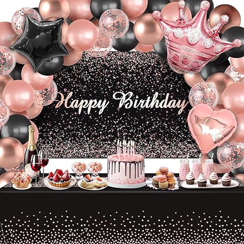 Decoraciones de fiesta de oro rosa y negro, kit de guirnalda de globos de oro rosa y negro con telón de fondo de feliz cumpleaños, mantel para niñas