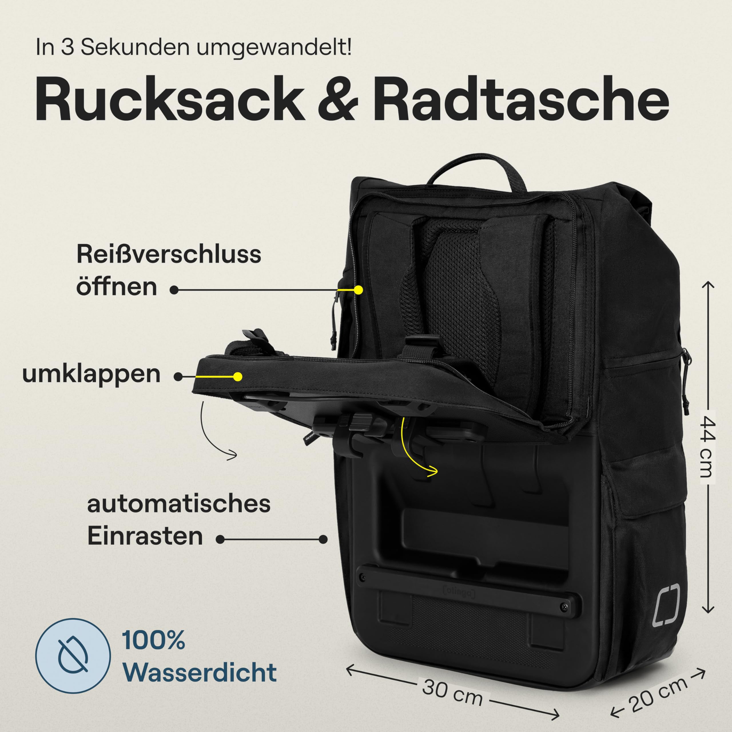 otinga® Flip V3 Fahrradtasche Rucksack [34L Volumen] für jeden Gepäckträger I Stylische Gepäckträgertasche mit Rucksack - in 3 Sekunden umgebaut I Wasserdichter Fahrradrucksack Gepäckträger