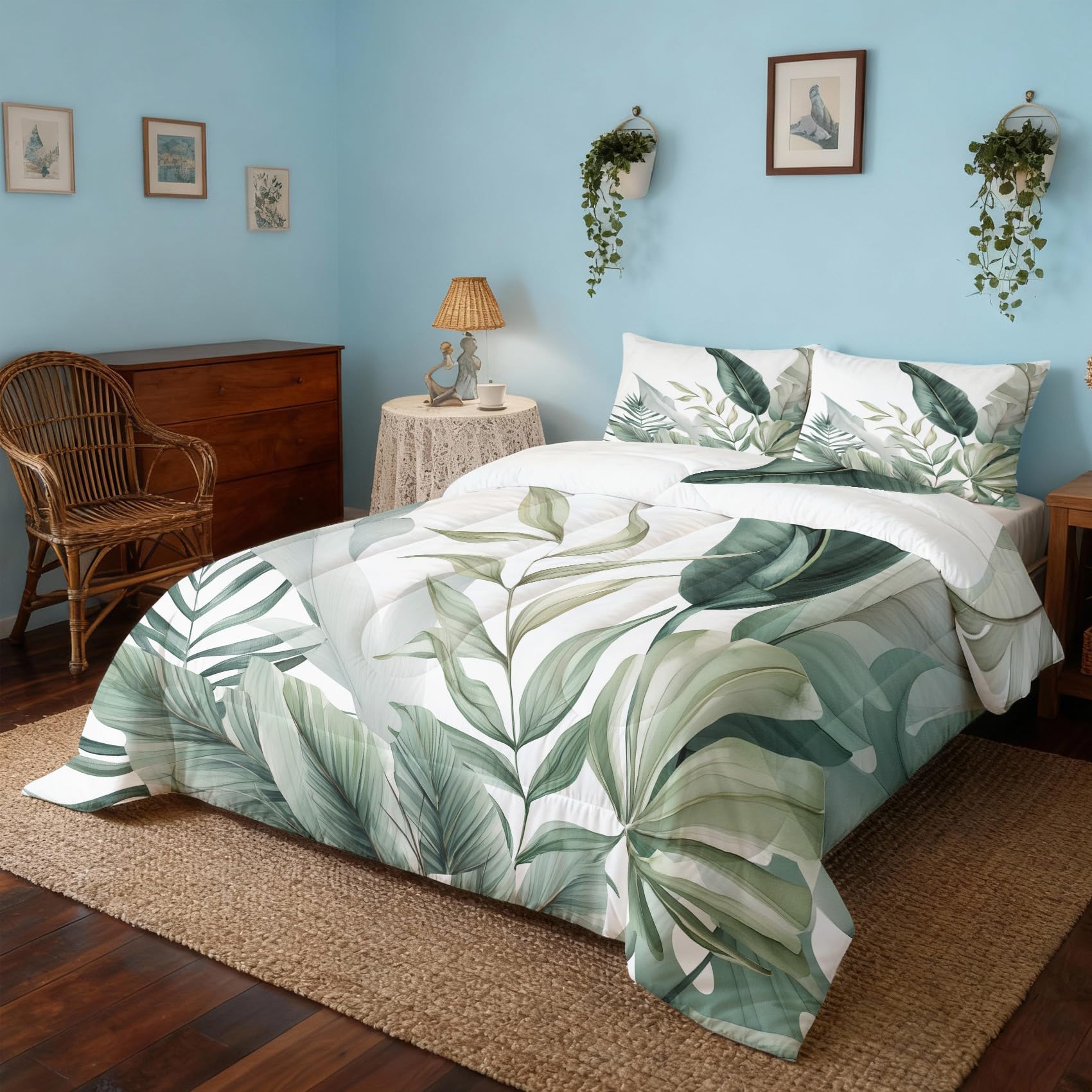Couette 260x240 Imprimée Feuille Tropical - 4 Saisons, Couette 2 Personnes Feuillage Vert, 2 Taies d'oreiller 65x65, Décoration - Edredon Microfibre Douce sans Housse #r393